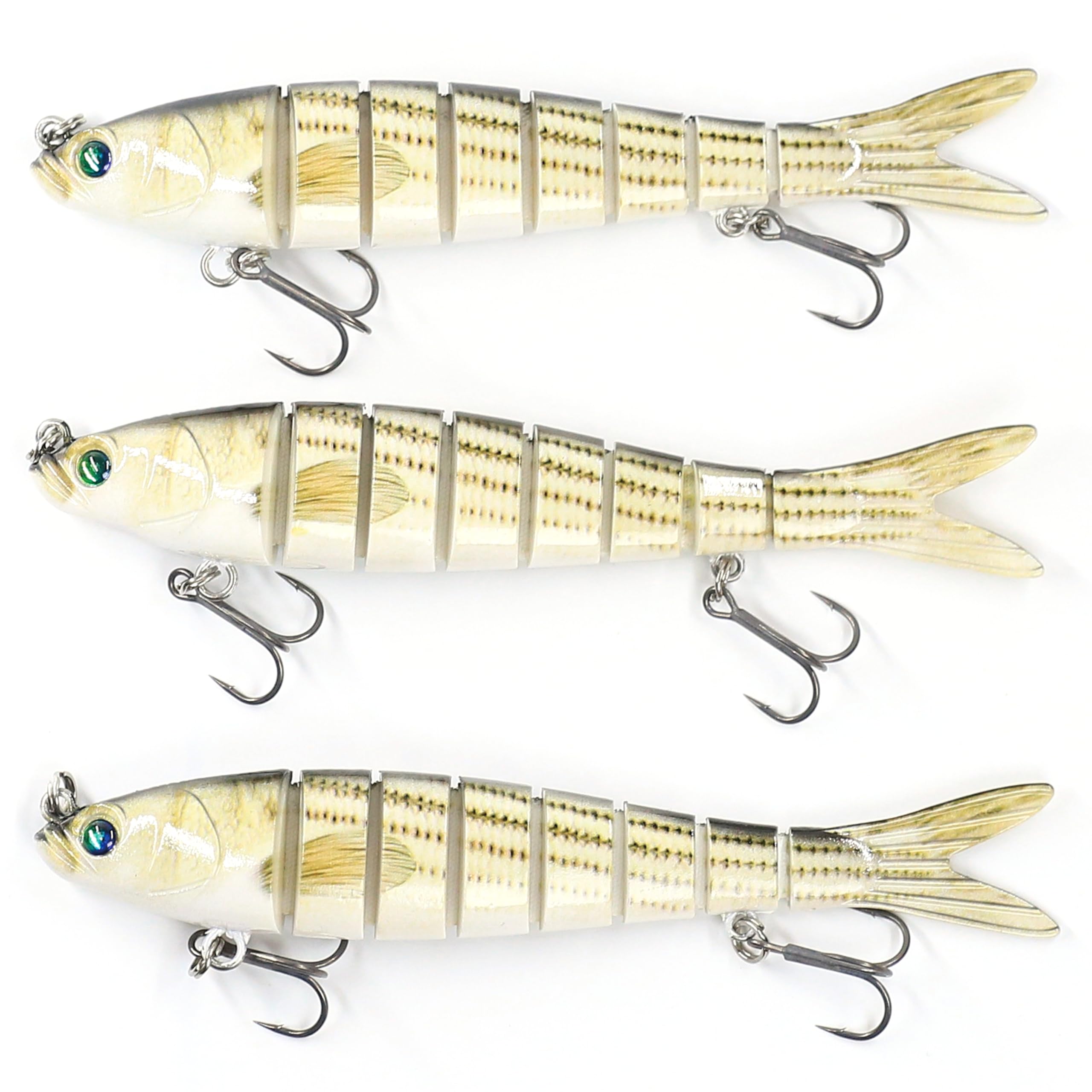 FANTANGLER Lot De 3 Leurres De Pêche Pour Bar, Appâts Nageurs Multi- Articulés, Matériau ABS, Yeux 3D Réalistes, Hameçons à Pointe De Lance