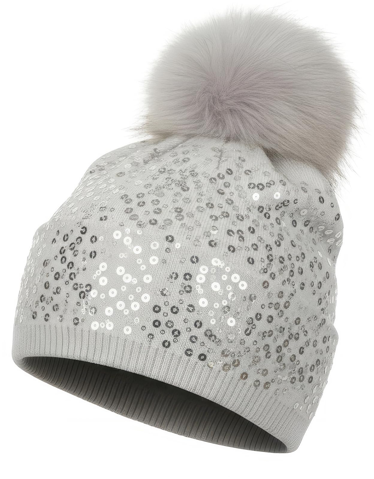 styleBREAKER fine-Knit Bobble hat with Sequins and Detachable Synthetic Fur pom-pom, Fur pom-pom Beanie, Ladies 04024134, Colour:Light-Grey