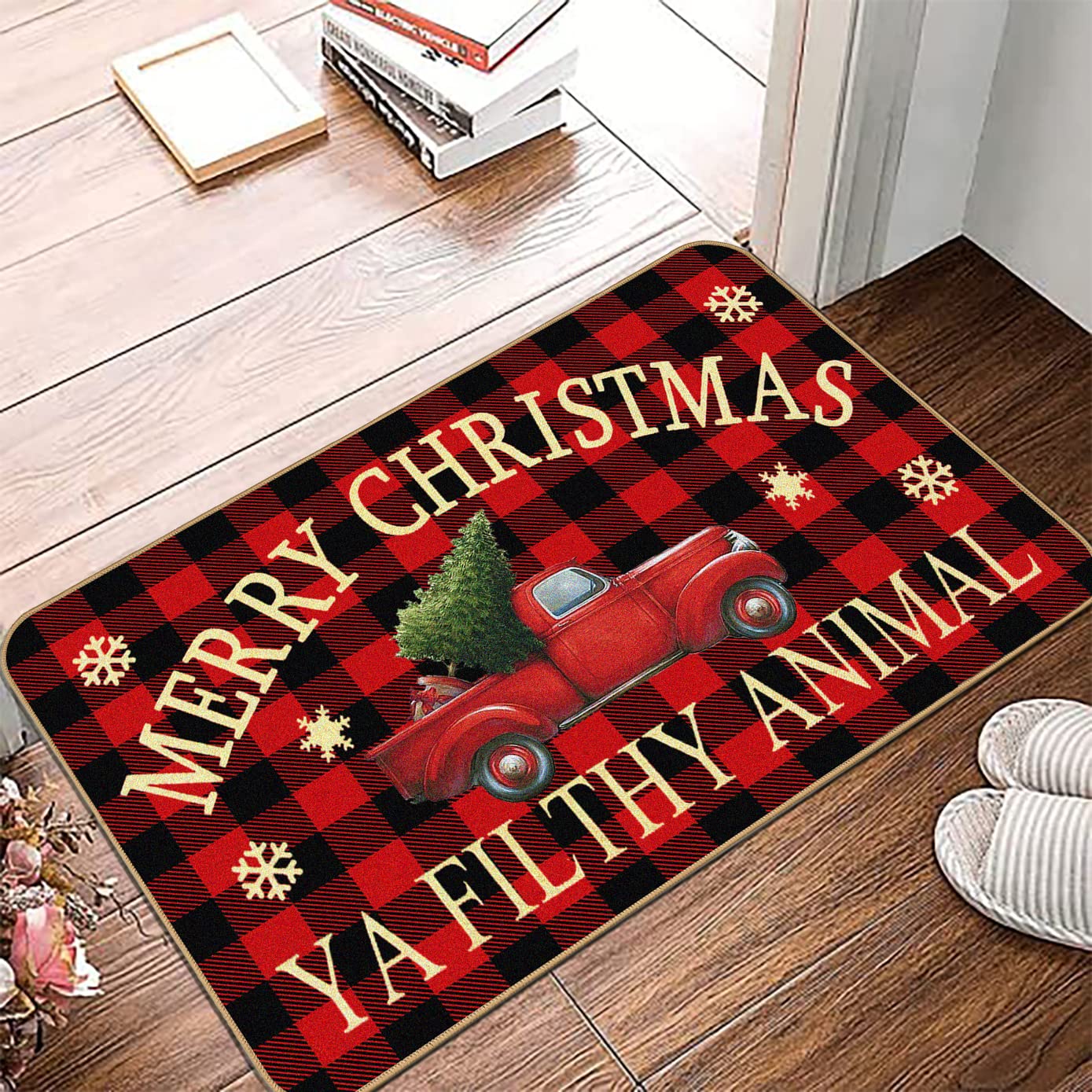 Christmas Door Mat Buffalo Plaid Retro Truck Entrance Ya Filthy Animal Welcome Fun Winter Anti-Slip Rubber Backed Outdoor Indoor Low Profile Flax Floor Mat 17 x 29 Inch