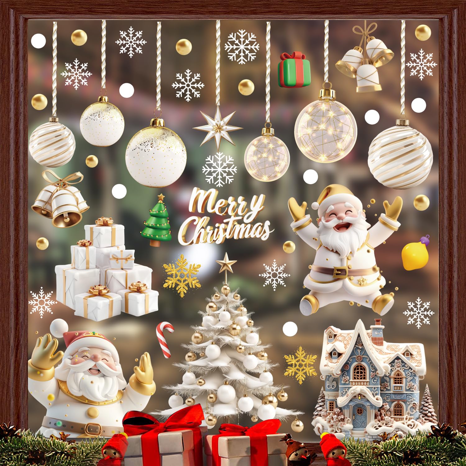Wybtbm Pegatinas Navidad Ventanas Cristal, Adornos de Navidad para Ventanas Reutilizable, Oro Blanco Vinilos Navidad Escaparate Grandes,Adhesivos Navideñas Ventana para la Decoracion Navidad 9Hojas