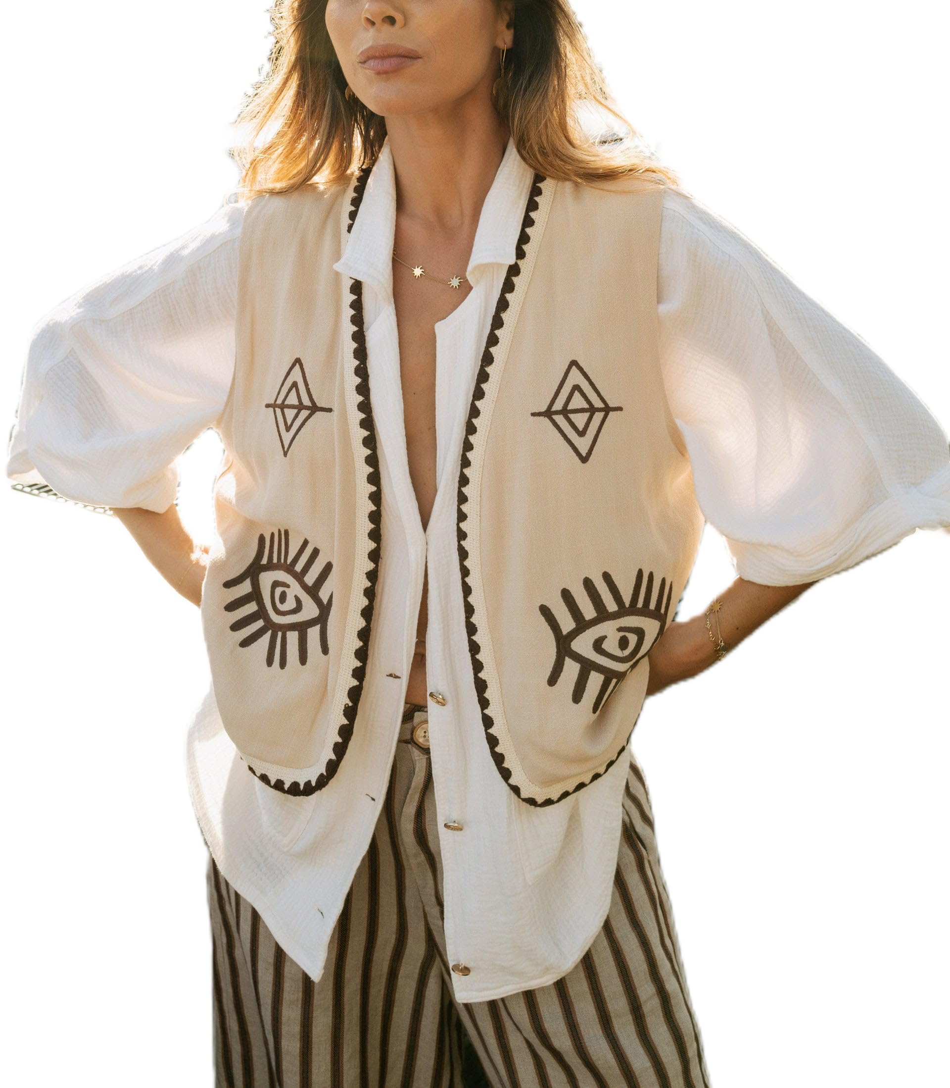 Gilet Vintage Brodé Floral Y2K Sans Manches Femme - Chemisier Lin Ouvert Mode Crochet