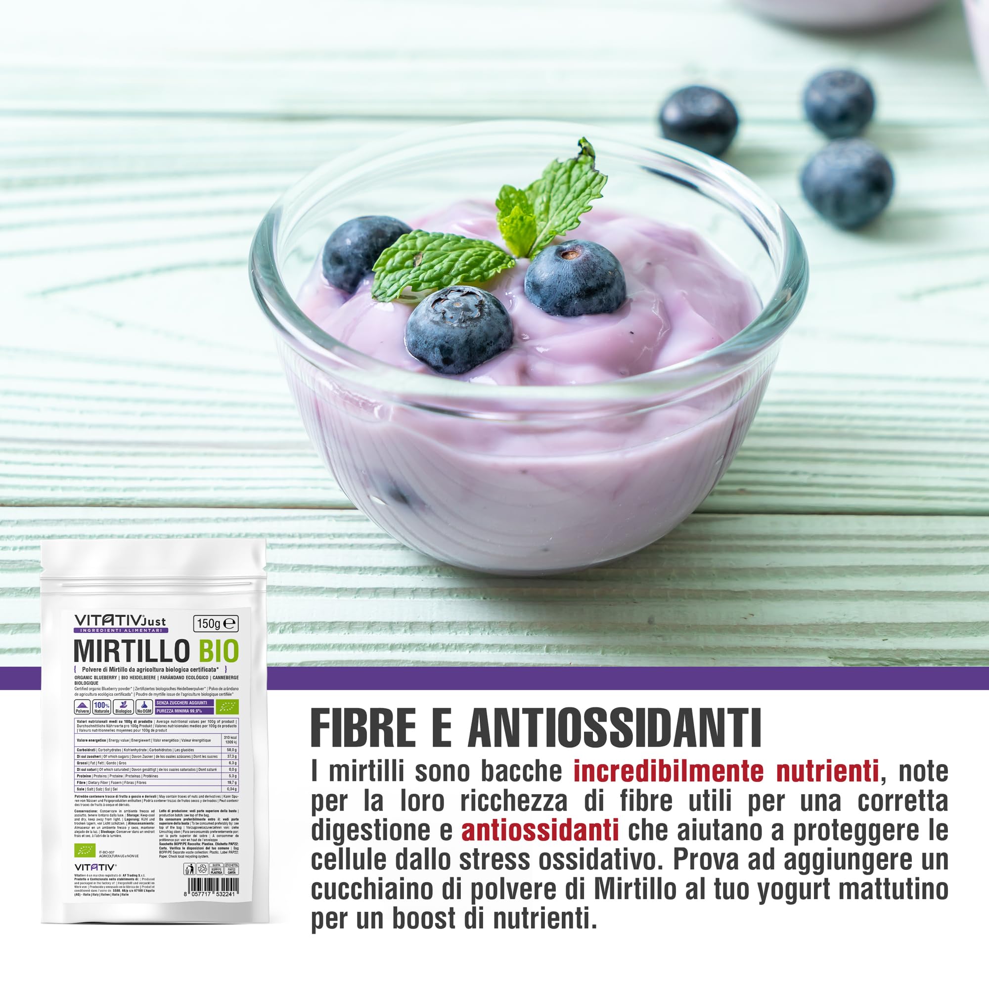 Polvere di Mirtillo Bio, Senza Zuccheri Aggiunti, da Agricoltura Biologica Certificata