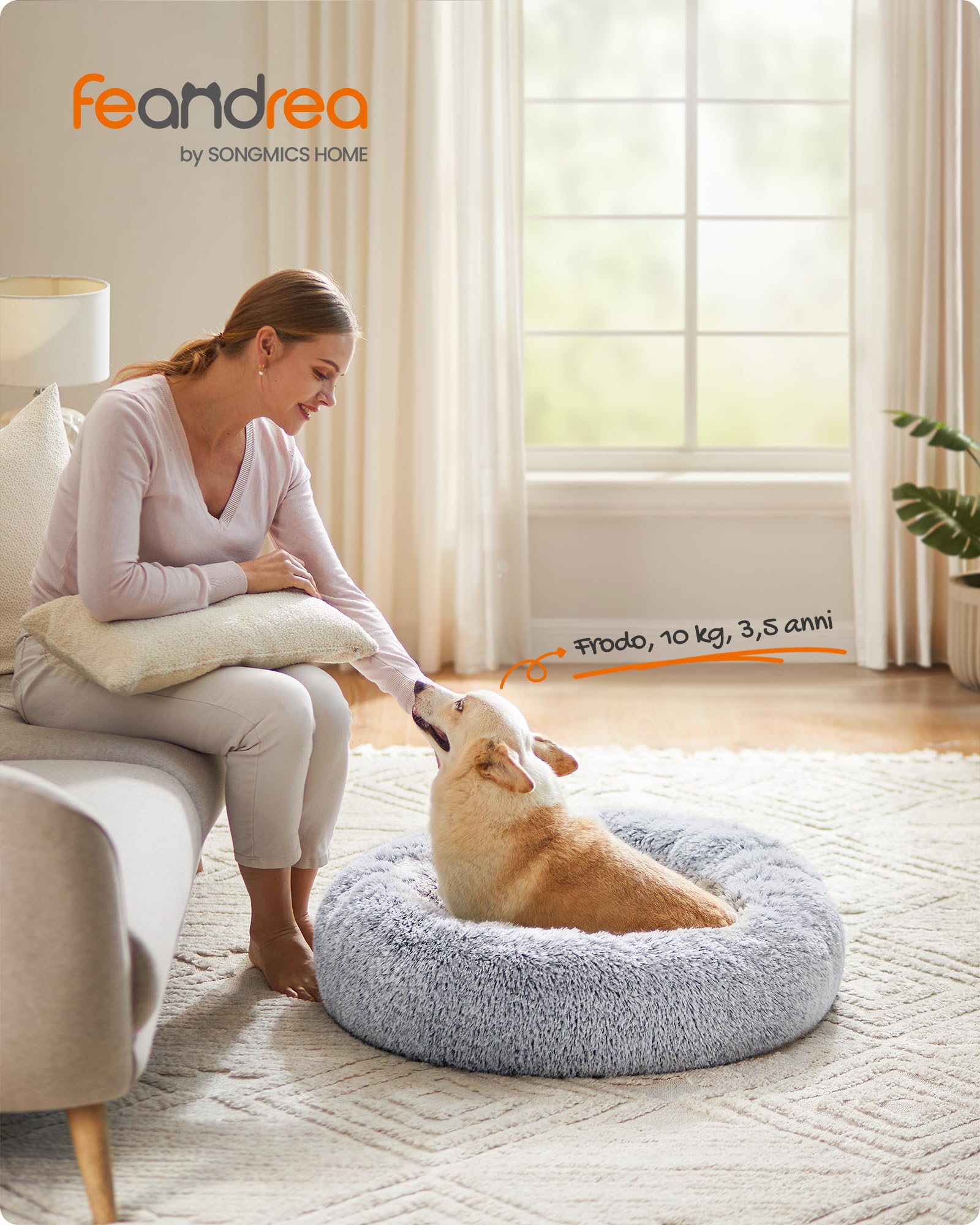 Feandrea Cuccia Cane Interno, Cuccia per Cani, Lettino per Animali Domestici a Ciambella, Cuscino Sfoderabile e Lavabile, Tappeto di Peluche, Diametro 80 cm, Grigio Ombré PGW040G01