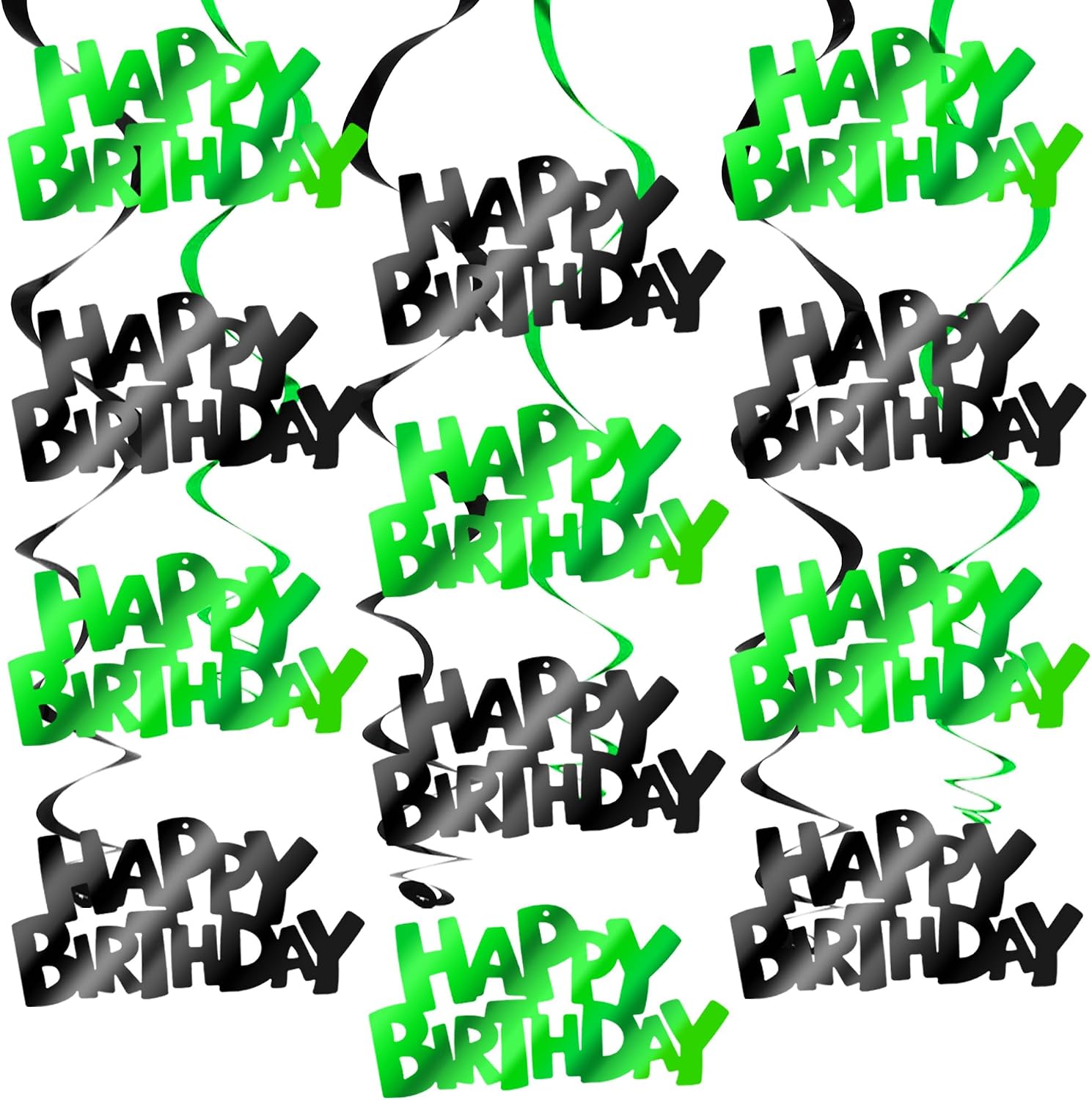 BEISHIDA 12 Pcs Happy Birthday Hanging Swirl Decorations, Wicked Birthday Party Hanging Decor Supplies (Black, Green)