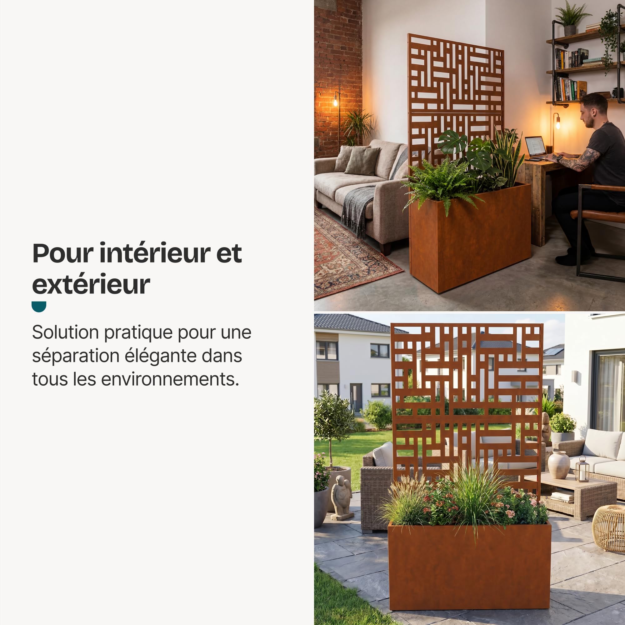 casa.pro Jardinière Brise-Vue Bernalda 146 x 83 x 31 cm Rouille | avec Roulettes Cloison de Séparation Paravent avec Bac à Fleurs Résistant aux UV et Intempéries Élégant Acier Corten