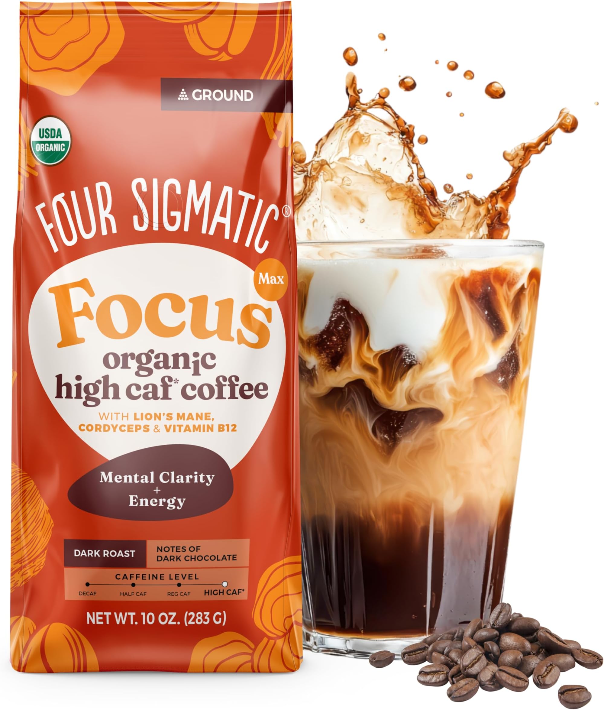 Focus Max High Caffeine Cordyceps Coffee | Organic Dark Roast High Caffeine Ground Coffee with Cordyceps, Lion's Mane and B12 | Energy Booster Without the Jitters | 10oz Bag