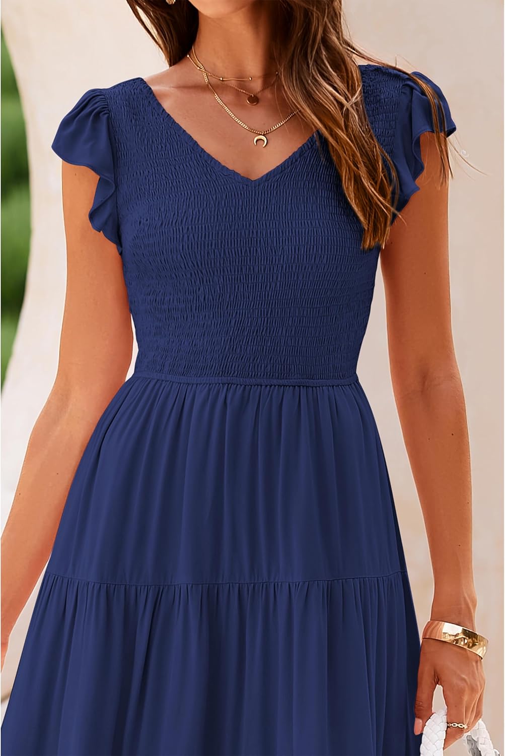 MASCOMODA Womens Summer Maxi Dress Casual V Neck Cap Sleeve Smocked Dresses Ruffle Tiered Beach Party Long Flowy Sundresses - Image 5