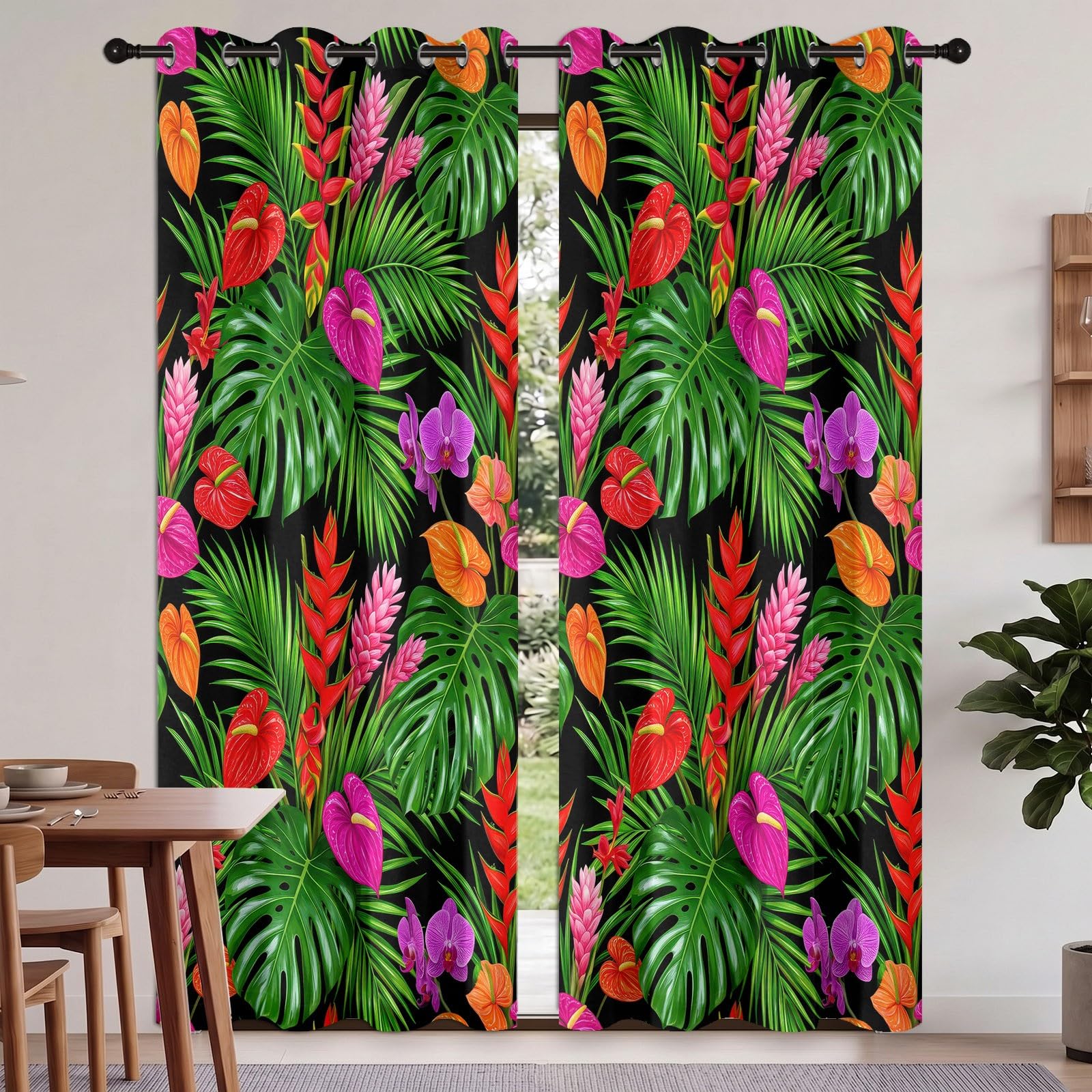 Grün Natürlich Tropischer Stil Vorhänge, Pflanzen Monstera Blumen Anthurien Orchideen Wärmeisolierte Raumverdunkelnde Vorhänge, Energieeffiziente Vorhang für Wohnzimmer Schlafzimmer, H245 x B100 cm