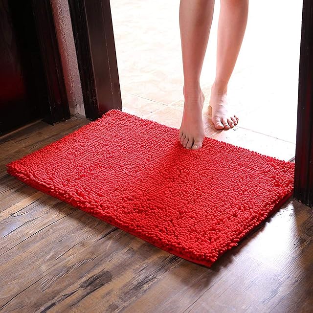CAIHONG Bath Rug Original Chenille Luxury Bathroom Rug Mat (80 X 50 cm), Extra Soft and Absorbent Shaggy Rugs, Machine Wash/Dry, Perfect Plush Carpet Mats for Tub, Shower and Bath Room - Red
