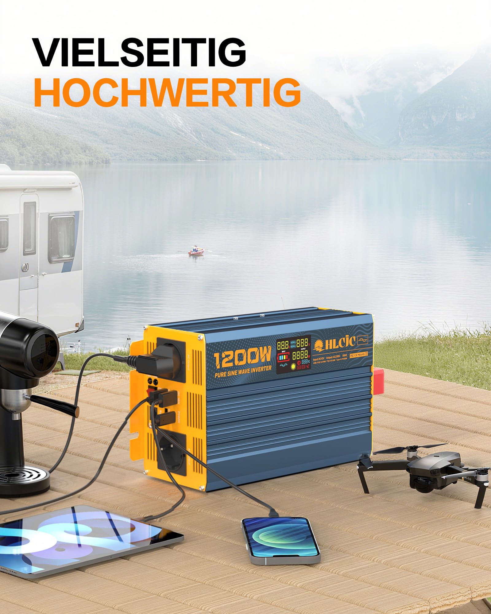 Spannungswandler 1200W/2400W Reiner Sinus- Wechselrichter 12V auf 230V