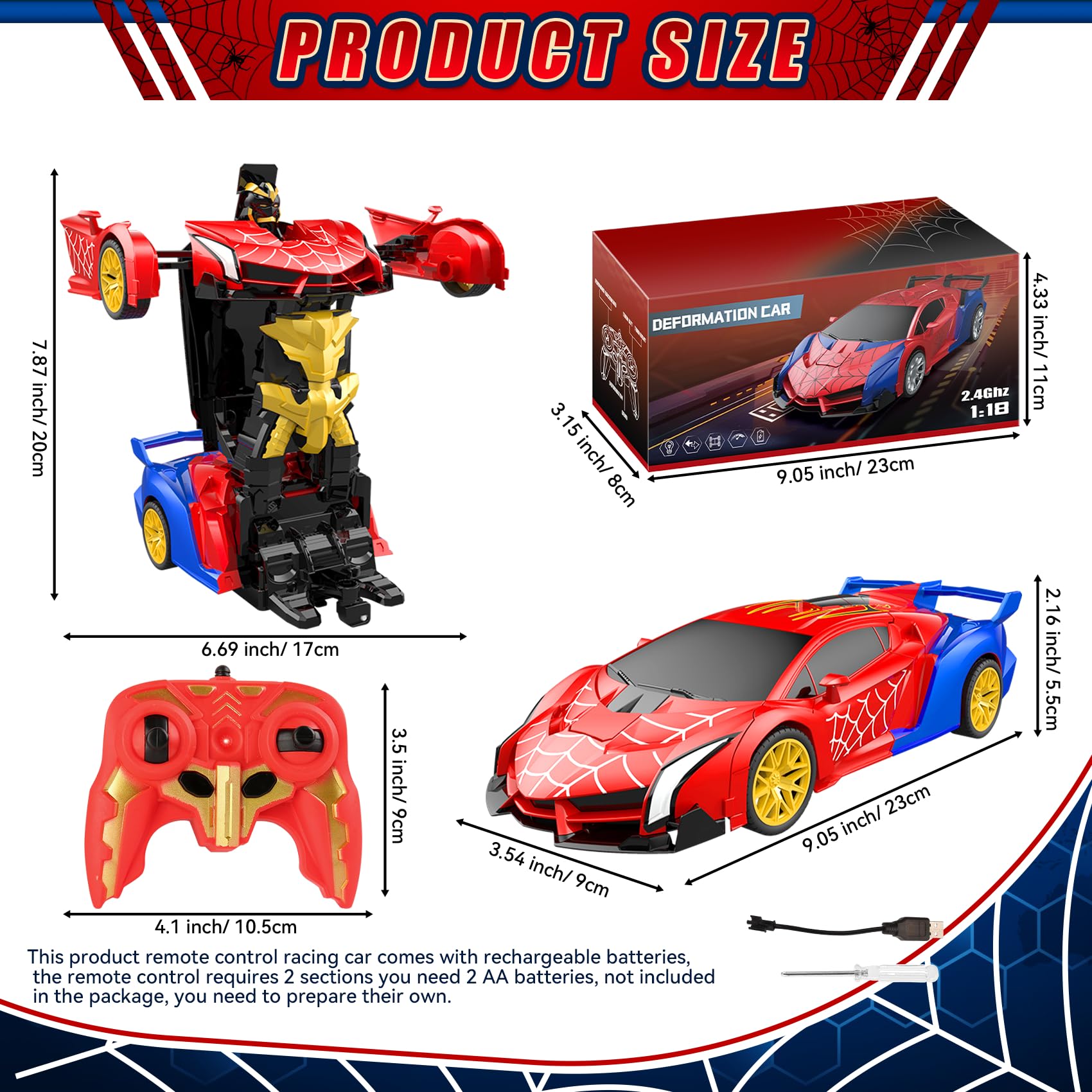 Voiture Télécommandée Spider Robot 2 en 1 Transformable, 360° Rotation, Lumières Sous le Châssis, 2.4GHz Transformable Voiture Cadeau pour Filles Garçons à Partir de 3 4 5 6 7 8 Ans
