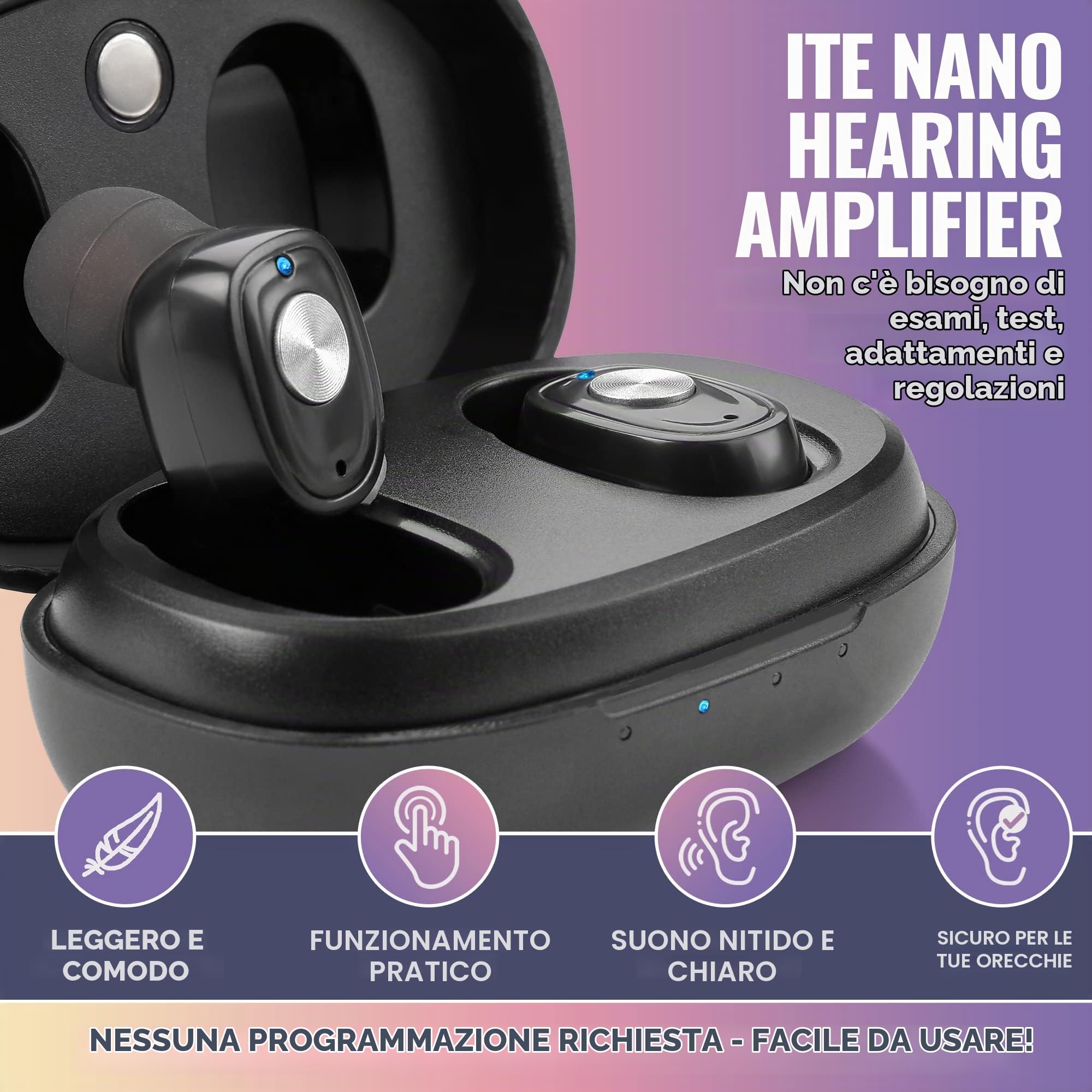 Coppia di dispositivi digitali acustici a cancellazione di rumore ricaricabili per anziani e adulti - ITC Nano Personal - Dispositivo di controllo a un tocco con bassa distorsione, nero