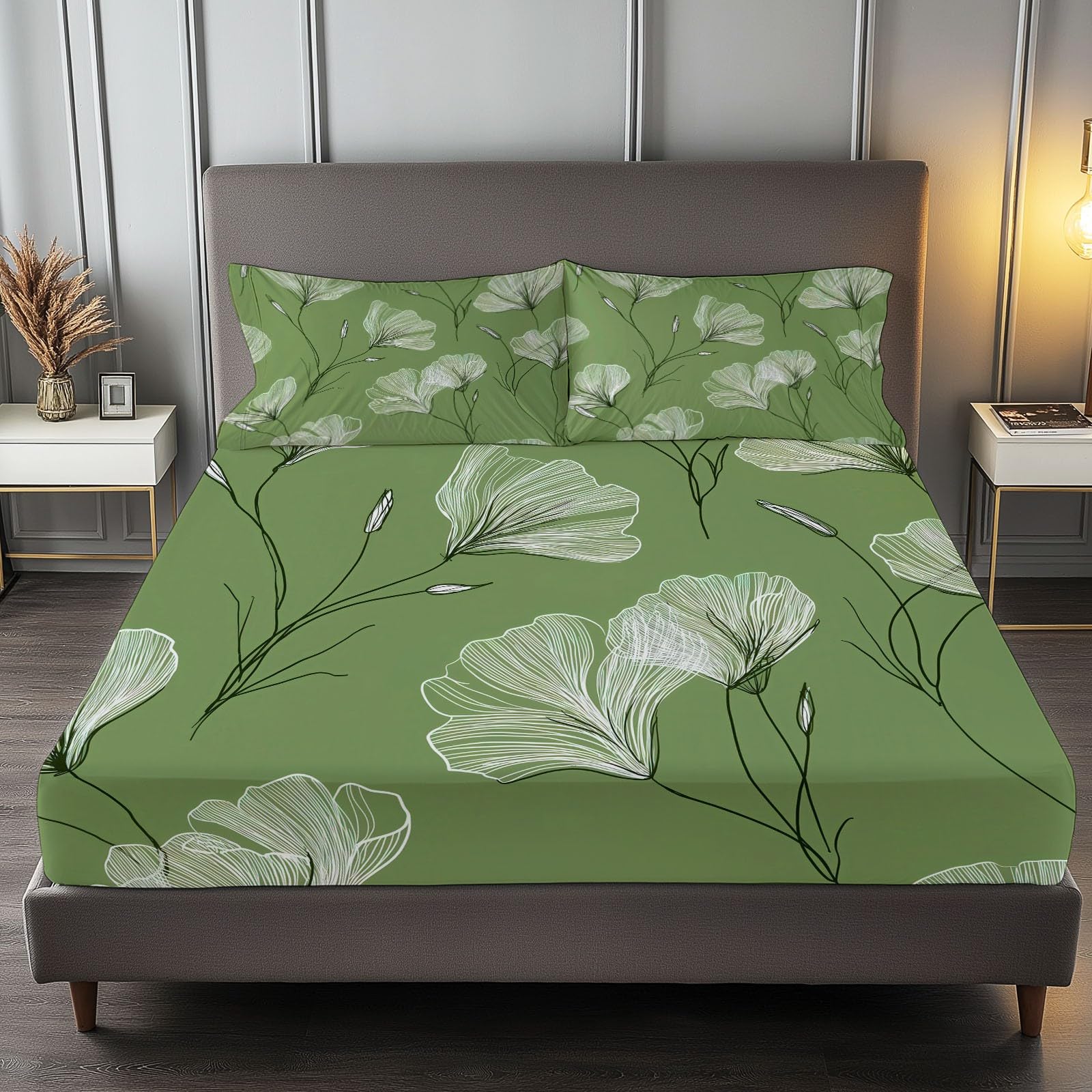 Zielone prześcieradło z gumką 180 x 200 cm minimalizm dzikie kwiaty linie, miękkie i można prać w pralce prześcieradło pod narożnikami elastyczne do wysokości materaca do 30 cm