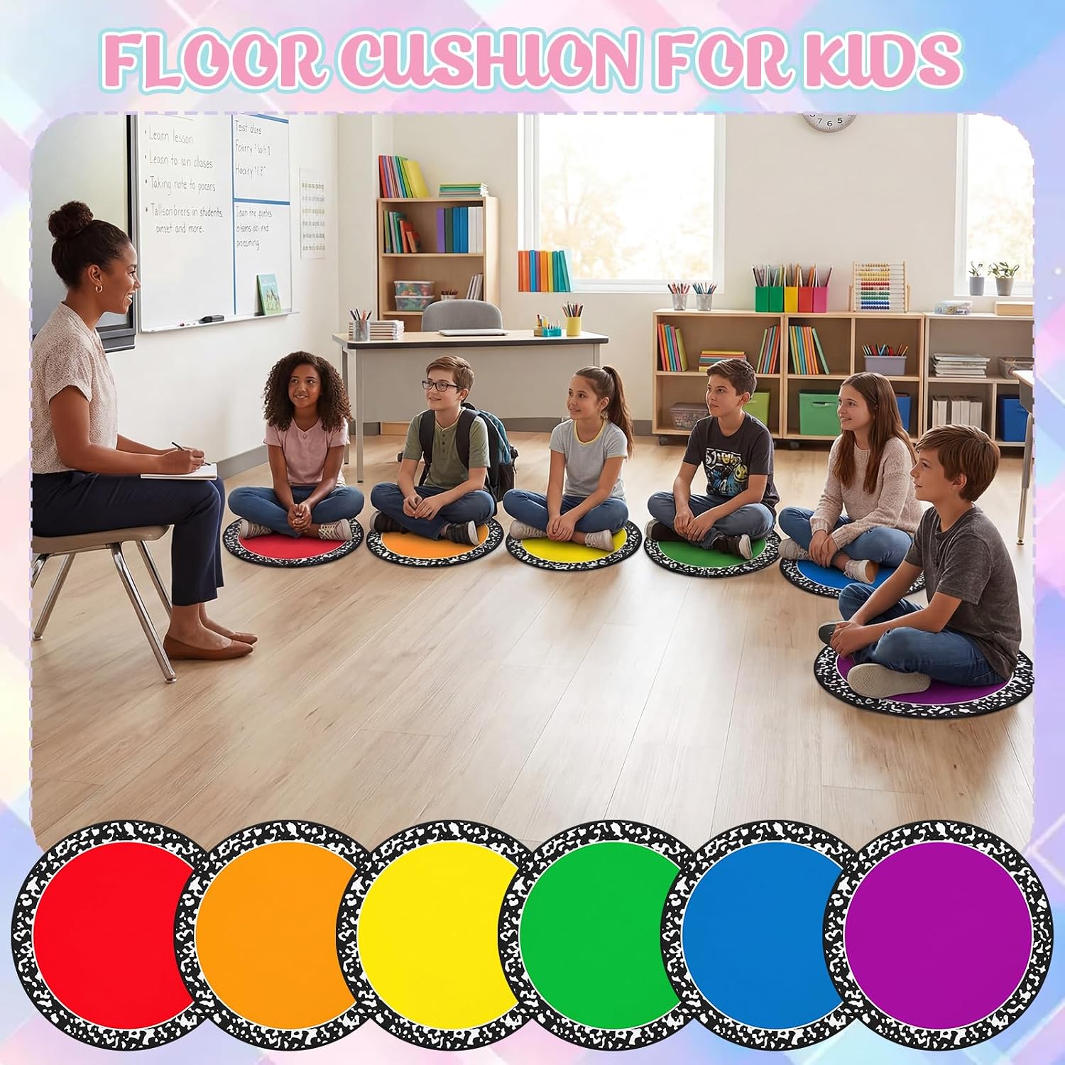 12 Pcs Rainbow Classroom Decor Carpet Seats for Preschool Kindergarten Learning Playing Area 17 Inch Round Classroom Rug Floor Cushions Non Slip Cushion Decor