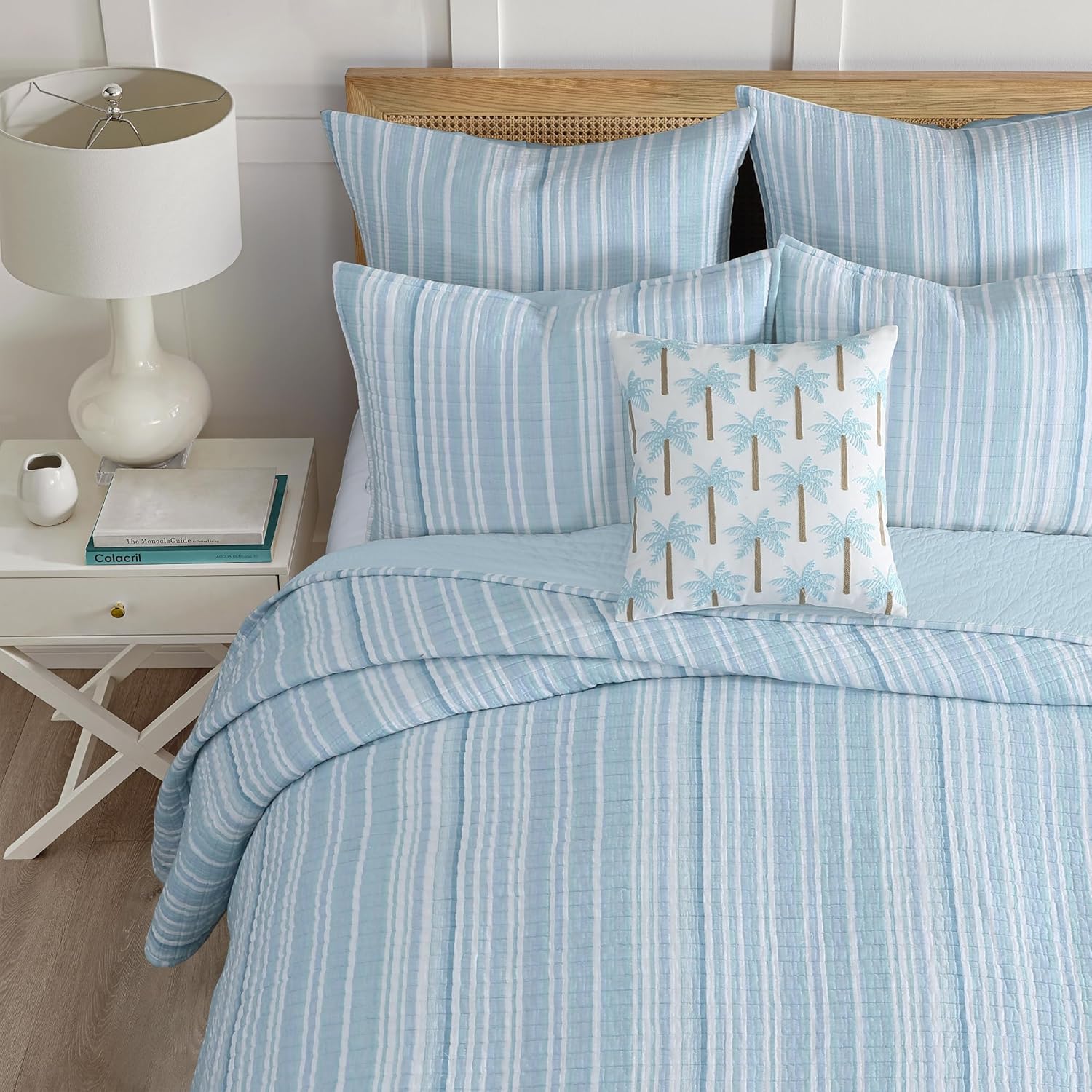 Levtex Home Boracay Quilt Set – Full/Queen Quilt (88x92in) and 2 Standard Shams (20x26in) – Textured Striped Design – Aqua and White – Cotton Muslin – Lightweight