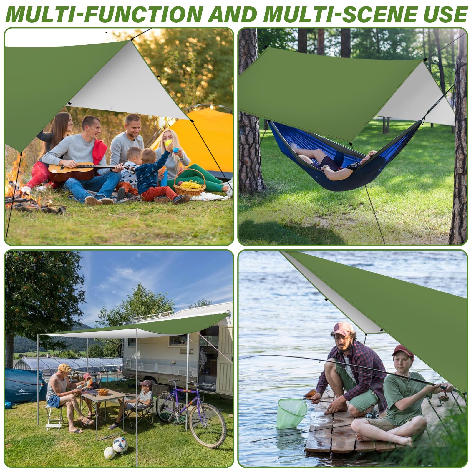 3x3M Camping Bâche, Bâche Anti-Pluie, Toile de Tente Imperméable Anti-UV, Léger Portable, avec Oeillets + Clou en Aluminium + Corde à Vent, Randonnée, Hamac, Extérieur