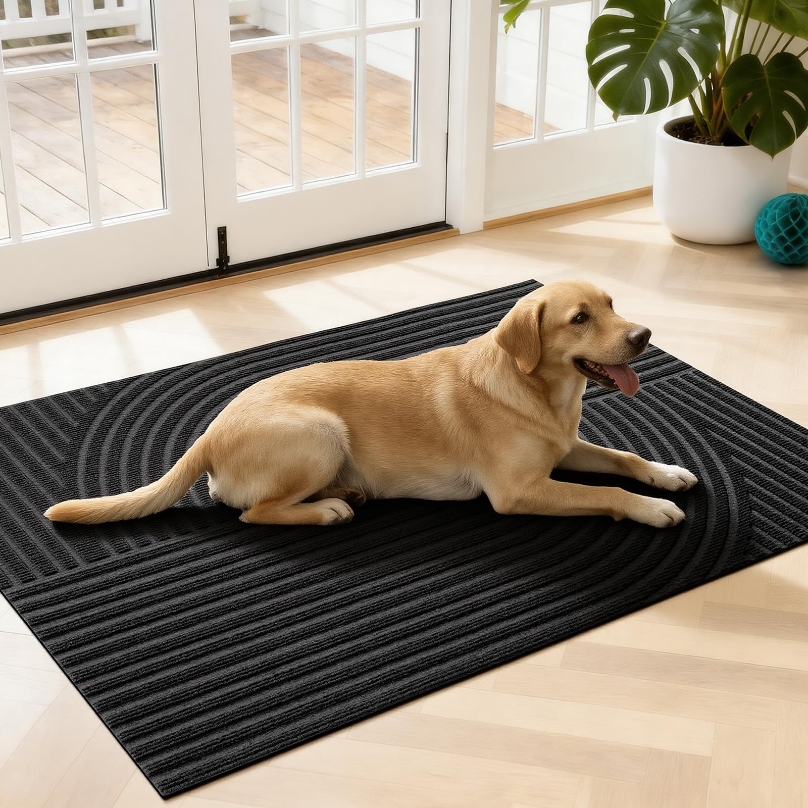 Tapis Entrée Intérieur Motif Vague Symétrique, 60x90cm-Noir | Paillasson Attrape-Poussière Antidérapant, Absorbant, Tapis de Porte Profil Bas et Lavable pour Cuisine,Chambre, Couloir
