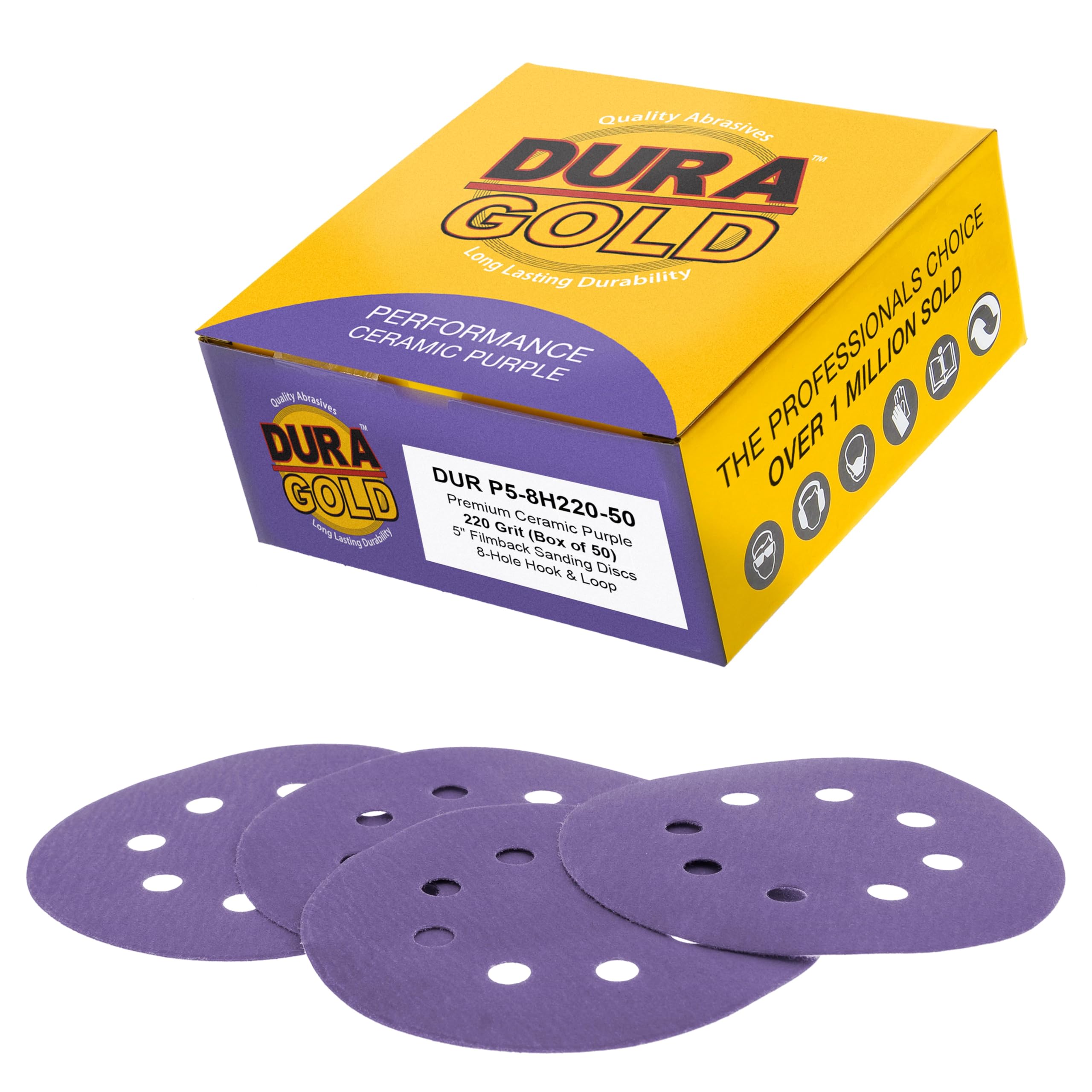Dura-Gold Premium 220 Grit 5" Purple Film Ceramic Sanding Discs, 8-Hole Pattern, Box of 50 - Dustless Hook & Loop Backing Sandpaper for DA & Random
