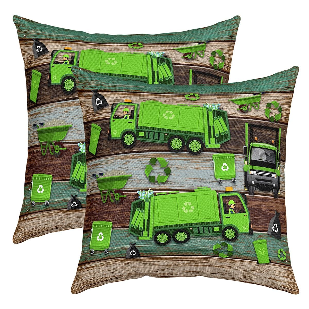Garbage Truck Set of 2 Pillow Cover 16x16 Inch Dump Garbage Recycling Trucks Cushion Case for Office Bedroom Green Brown Pillow Case for Sofa Couch