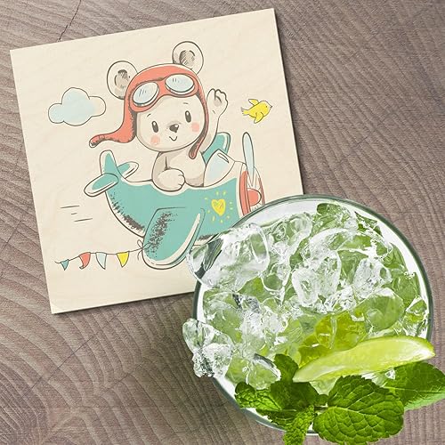 Miniatura 2 de Cute Bear Pilot Animal Square Wooden Coaster, Idea, Handmade Gifts, Wood Bottom for Tabletop Protection, Suitable for All Cups, Cool Home Decor,