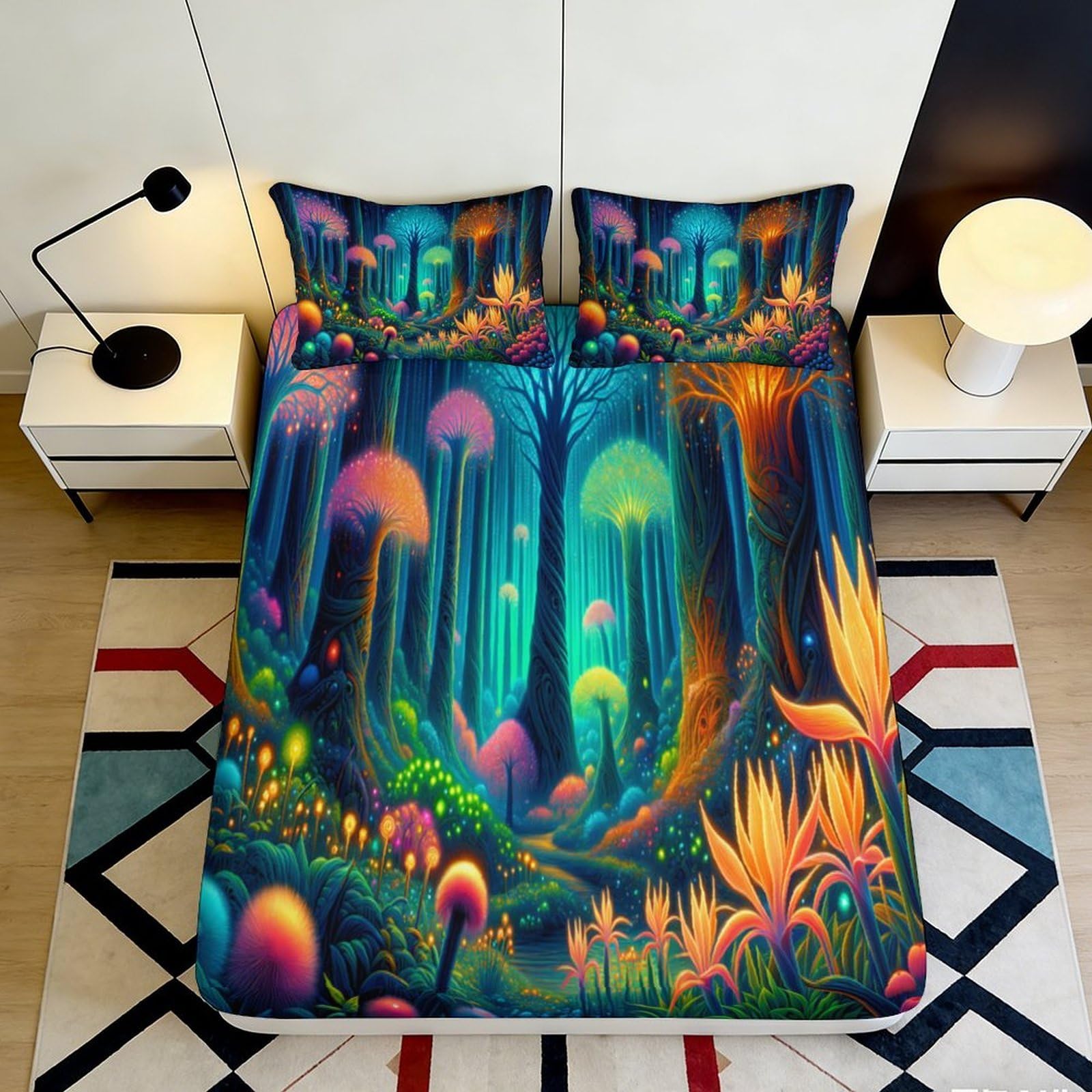 3D Printed Enchanted Forest Fitted Sheet Microfiber Colourful Mushroom Mattress Cover Bedroom Decor 90x200x25cm