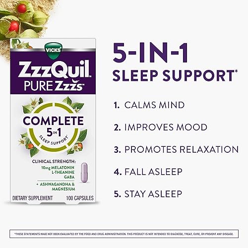 Miniatura 3 de ZzzQuil Pure Zzzs Sueño Completo, Melatonina 10mg, L-Teanina, GABA, con Ashwagandha y Magnesio, Ayuda para Dormir con Melatonina, 100 unidades