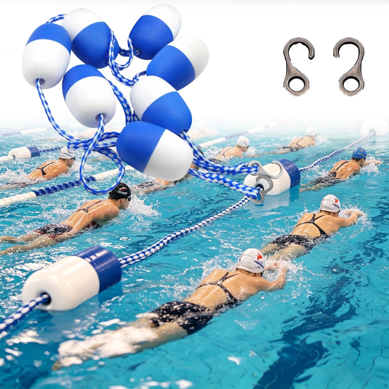 MESOVFCA 23ft/7m, Swimming Pool Accessories, with 2 Pre-Assembled Stainless Hooks Braided Polymer Rope, for Shallow and Deep End Floating