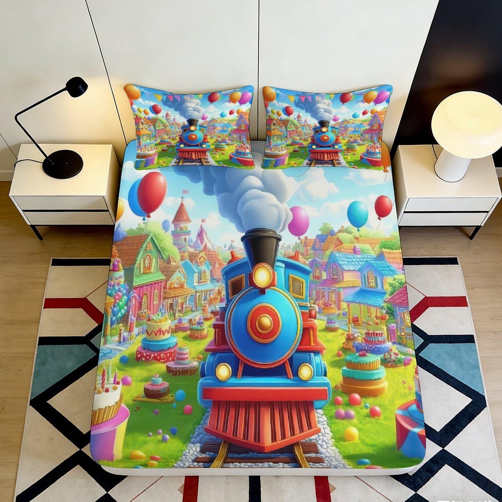 Pnayamiorkfel Style-1 3D Printed Cartoon Train Fitted Sheet Microfiber Vibrant Balloon Village Bed Cover For Bedroom Dorm Decor 90X200x25cm