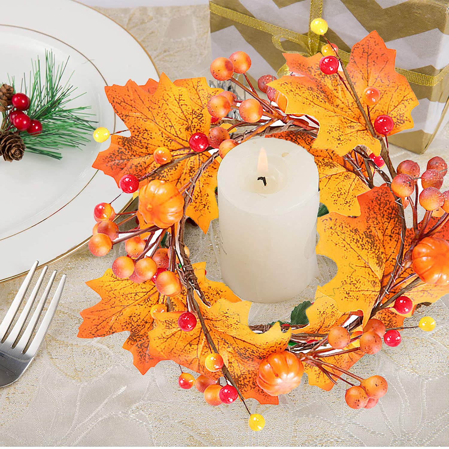 2 Stück Herbst Kerzenkränze Mit Ahornblättern - Dekoringe Für Stumpenkerzen 25cm