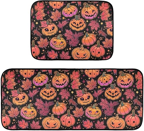 Pumpkins Maple Leaves Kitchen Floor Mats, Halloween Pattern Runner Rug Standing Mat Washable Non Skid Rubber Backing Floor Protector Decorative
