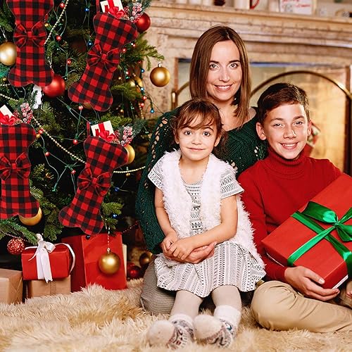 Miniatura 4 de Skylety Pet Dog Christmas Stockings Buffalo Plaid Large Bone Shape Hanging Christmas Stocking Buffalo Plaid Stocking for Xmas Party Family Gathering