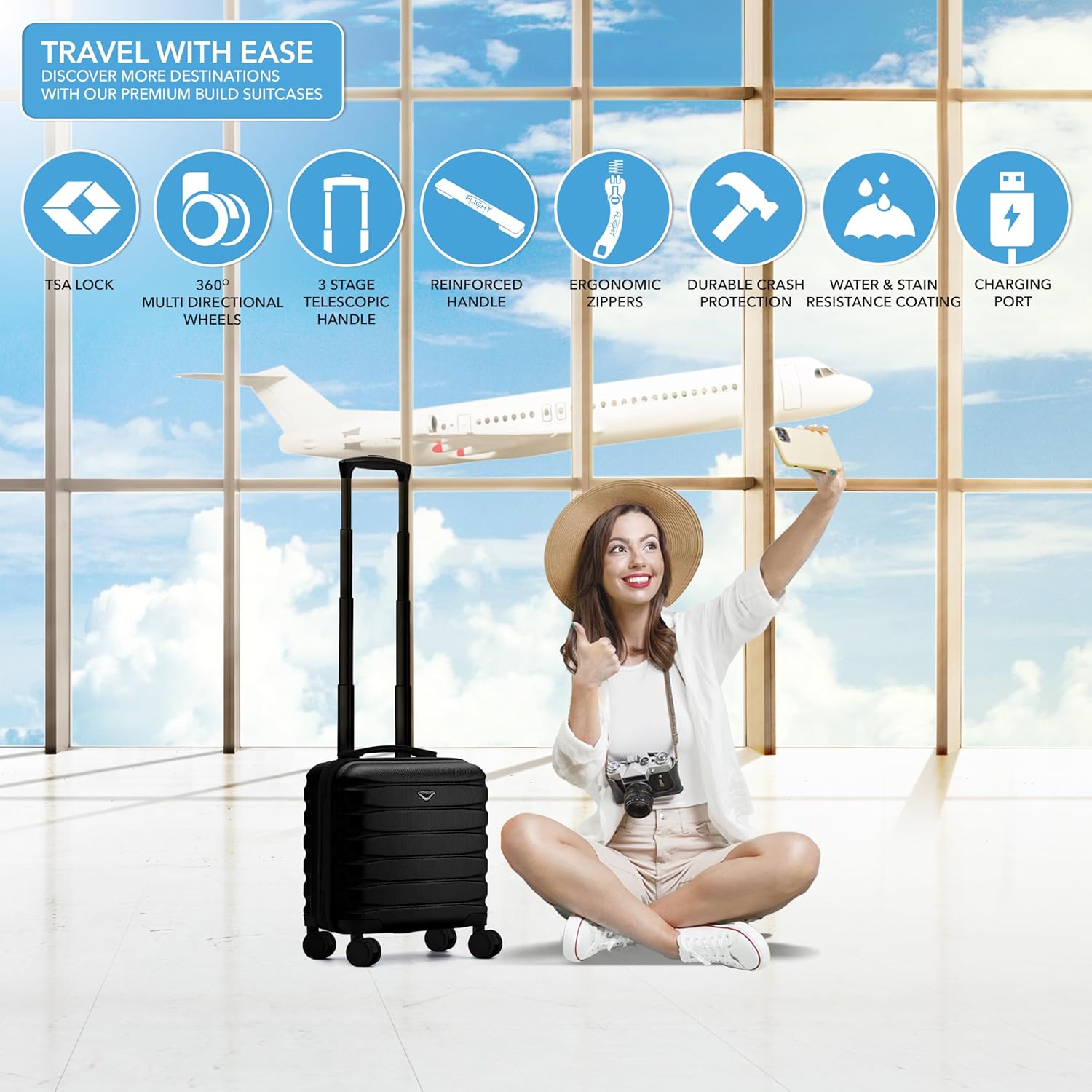 Flight Knight Carry On Suitcase 16.25x13.5x8 Hardside TSA Lock USB Port Lightweight Luggage Silent Double Spinner Wheels Maximum Underseat Carry-On Bag For Virgin South West Approved Black - Image 2