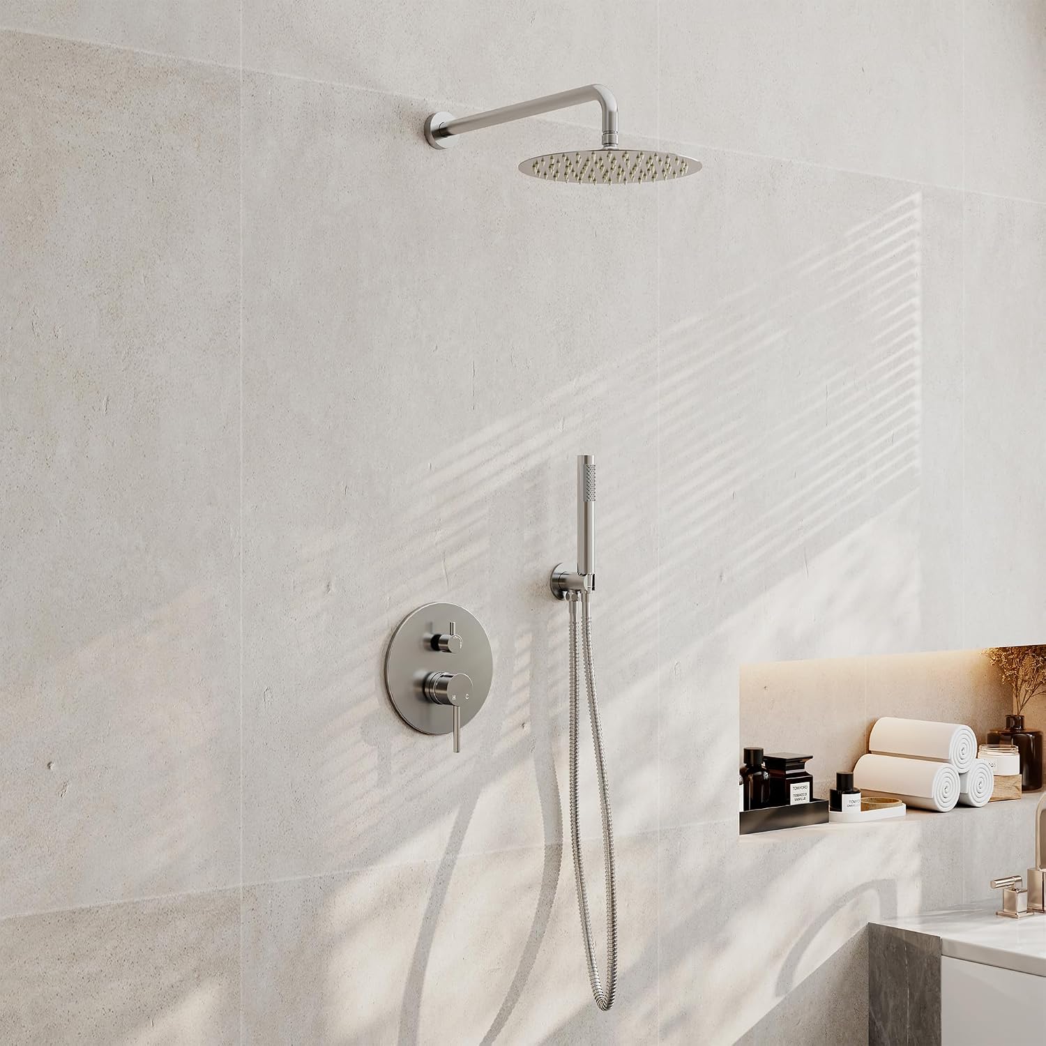 Boyel Living Chrome Shower System, 10 Inches Round Rainfall Shower Head and Handheld Set, 2 Functions Shower Faucet Set,Wall Mount High Pressure Shower Combo Set With Rough-in Valve