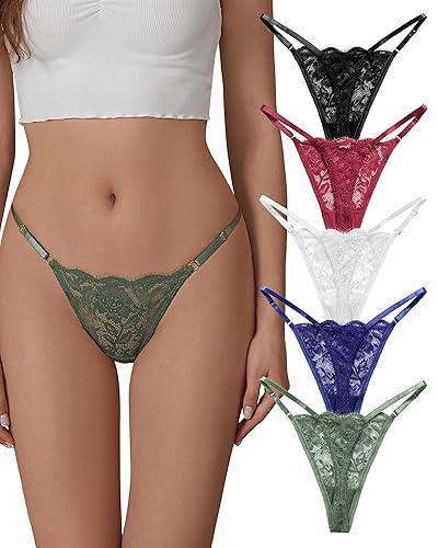 SHARICCA Lace G-String Thongs for Women Adjustable Sexy Low Rise Underwear Breathable T-back Thongs Panties 3 Pack - X-Small - 5p - Basic