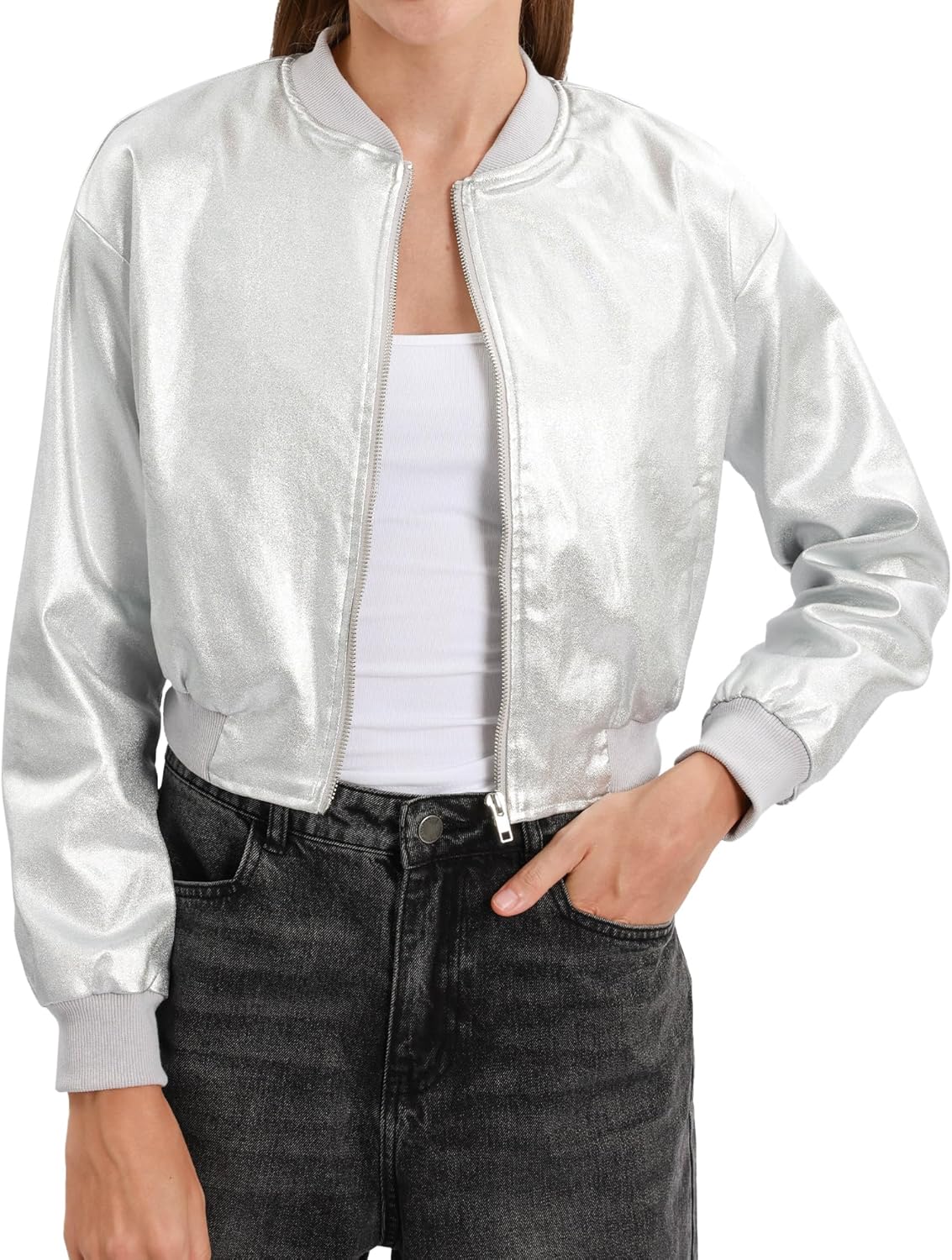 Xintianji Womens Matte Glossy Faux Leather Bomber Jacket- Zip Up Side Pocket Long Sleeve Windbreaker Cropped Flight Jacket