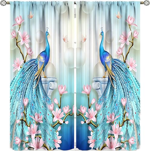 Cortinas opacas de pavo real, estampado de flores de pavo real azul, perlas y mariposas, para cocina, sala de estar, dormitorio, juego de 2 paneles