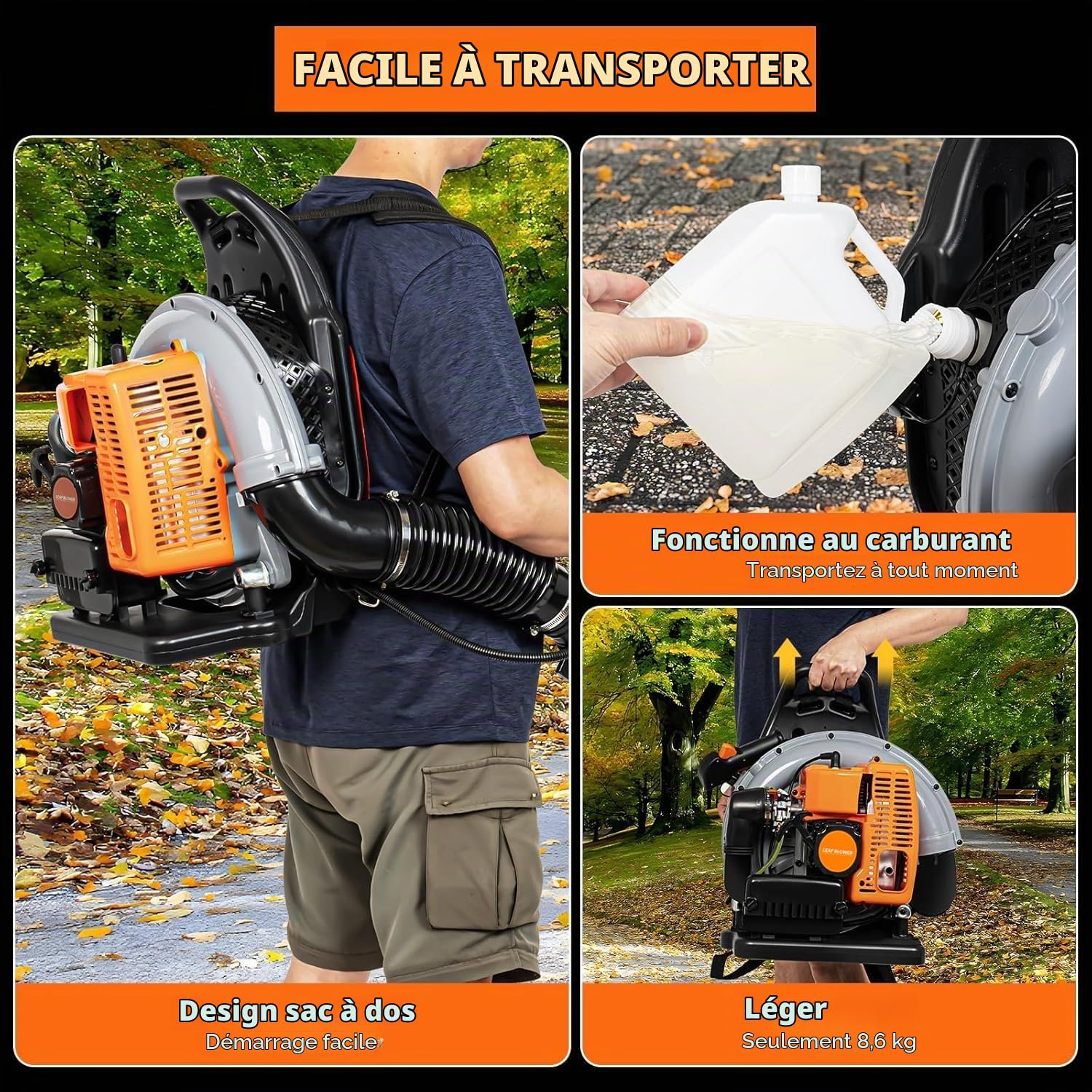 Souffleur de Feuilles à Dos 63cm3, Souffleur de Feuilles Thermique, Moteur à Essence 2 Temps 3 CV, Éléments de Commande sur poignée, avec Buses, Souflleuse pour enlèvement Feuilles mortes Jardinage