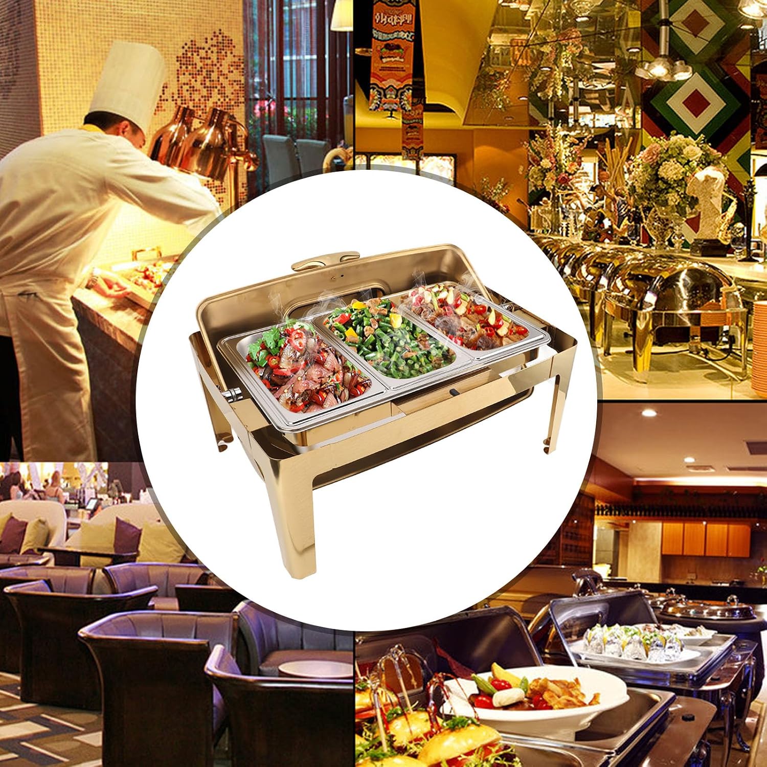 Chafing Dish, 9L Capacity Rustproof Easy to Stainless Steel Catering Warmer Set Transparent Glass Lid for Dining (3 Compartments)