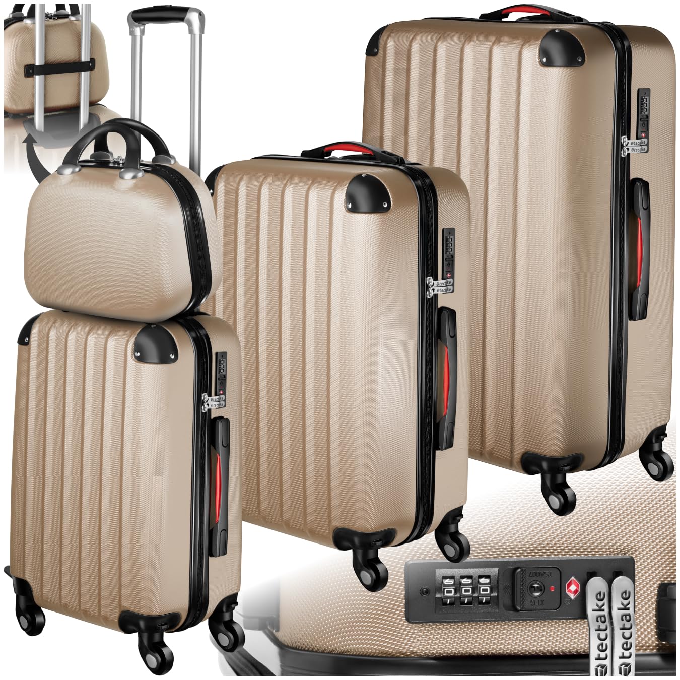 tectake® Juego de 3 Maletas Rígidas de Plástico ABS y 1 Neceser, Tamaños XL-L-M, Set Maletas Viaje con Ruedas 360º Extraíbles, Cerradura de Combinación TSA, Asas Laterales y Asa Telescópica - champán