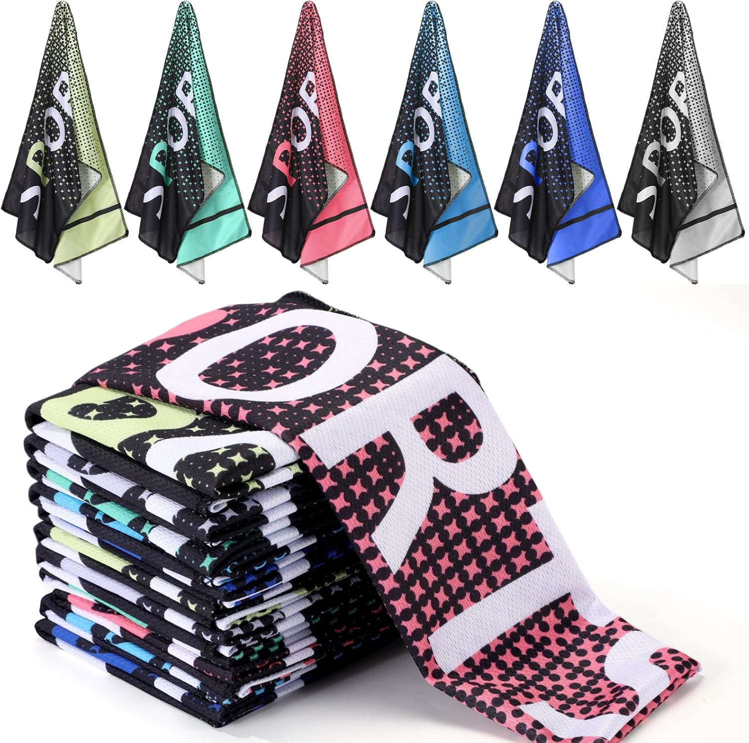 Frienda 12 Pcs Sports Cooling Towels for Neck and Face 40"x12" Microfiber Gym Towel with Sport Print Soft Breathable Chilly Ice Sweat Rag for Sport Running Gym Fitness Party Favors Team Gift