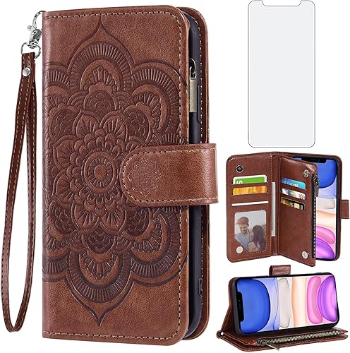 Asuwish Funda de teléfono para iPhone 11 6.1 con protector de pantalla de vidrio templado y soporte de tarjeta de crédito con tapa de flores de