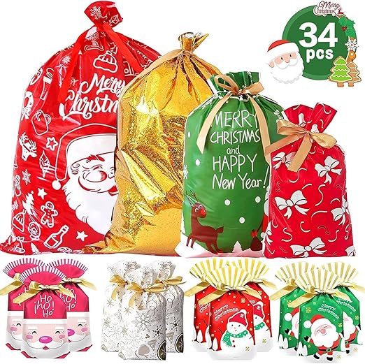 34Pcs Christmas Gift Bags Christmas Wrapping Bags with 8 Designs & 5