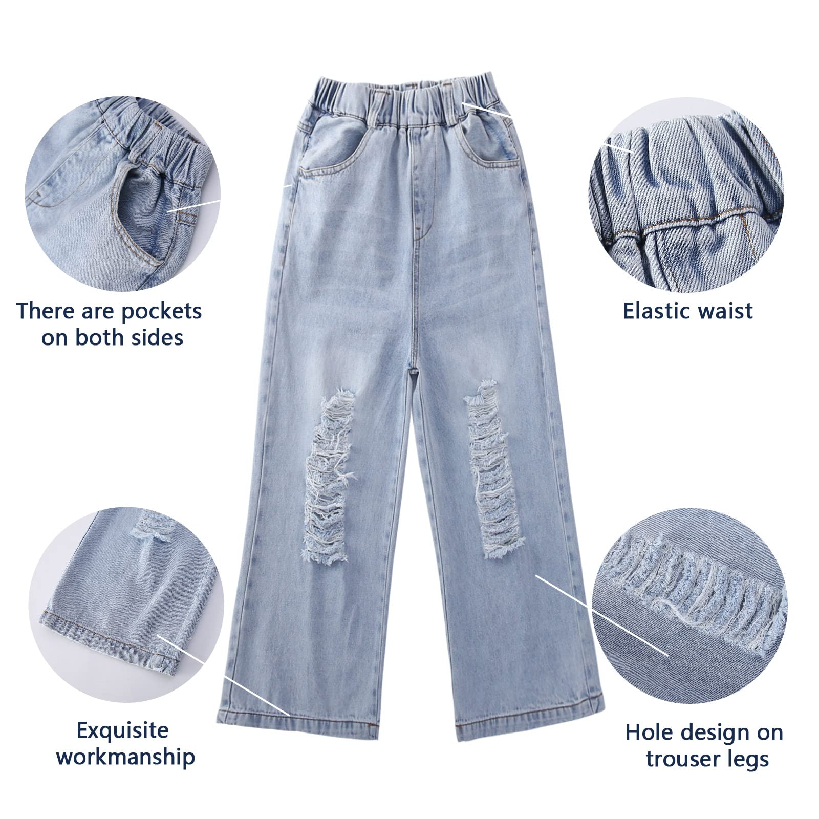 MEILONGER Pantaloni Jeans Baggy per Bambine, Gambe Larghe strappate, con Buchi Strappati, Vita Alta Casual Taglie 8, 10-12, 14-16