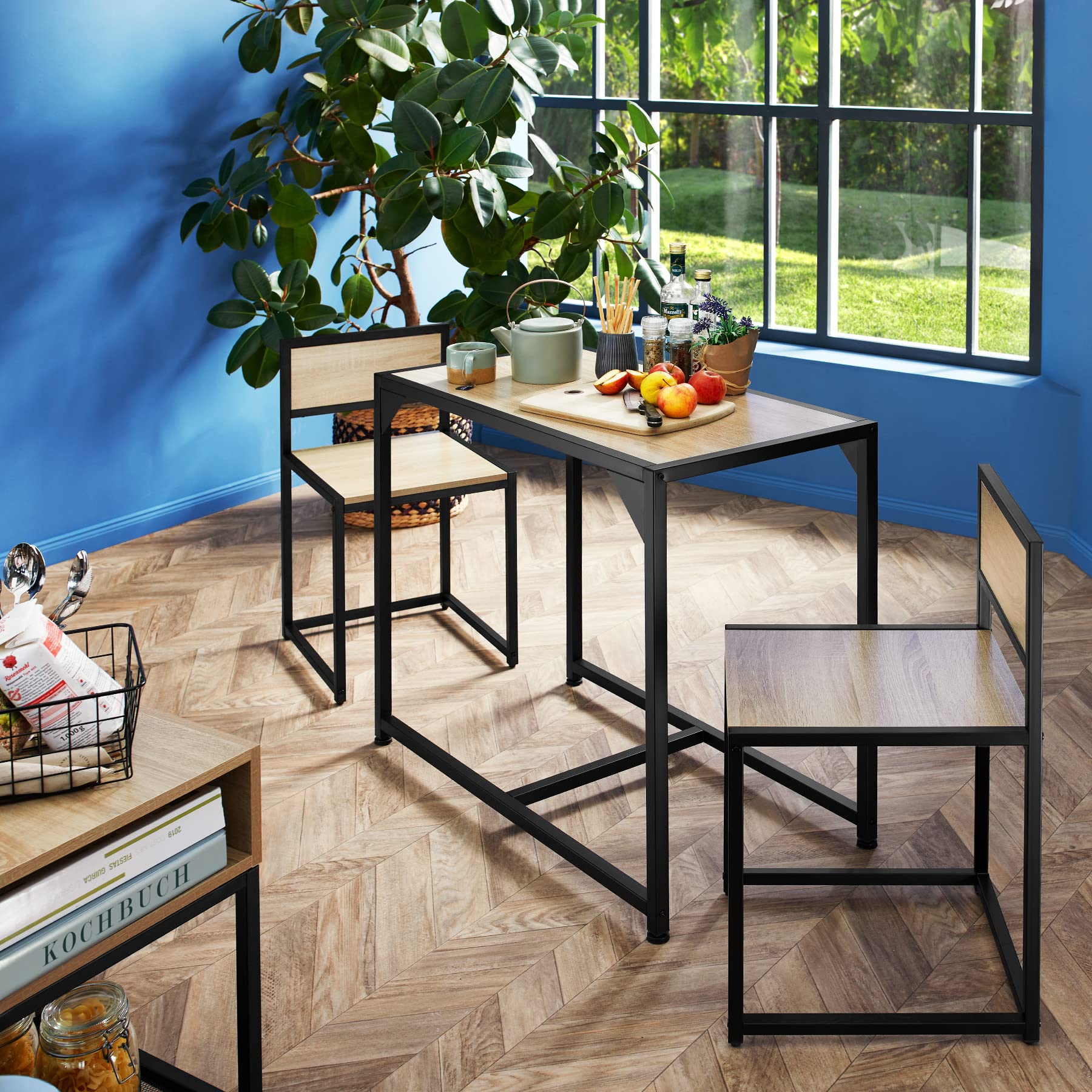 tectake 800975 Salottino Milton, Sedie con cappucci in plastica per non graffiare il pavimento, Tavolo con piedi in plastica regolabili in altezza (industriale scuro)