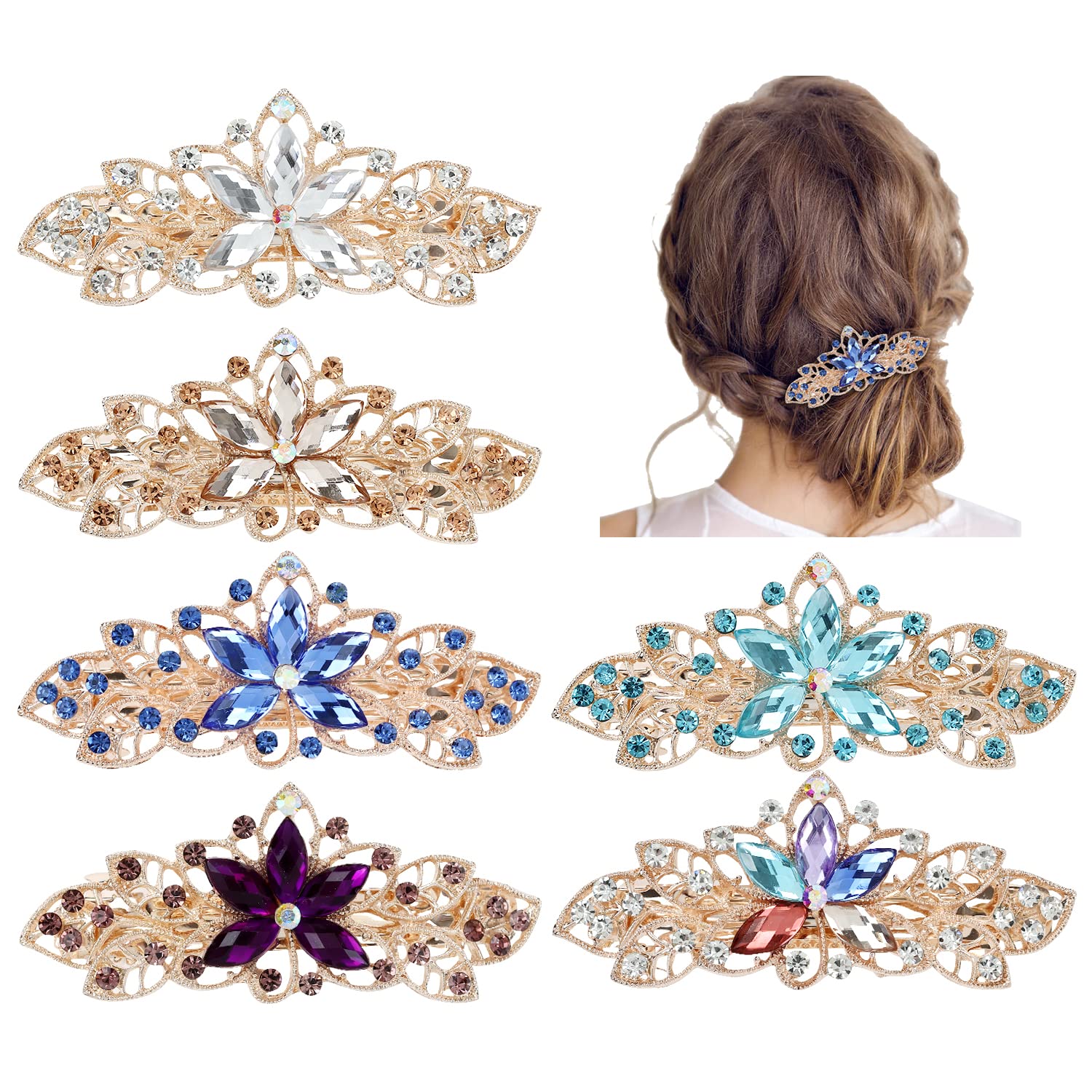 Lawie 6 Pack Fancy Delicate Jeweled Gems Rhinestone Sparkly Glitter Flower French Barrette Metal Hair Clips Bun Chignon Twist Hairpins Ponytail Holder Headpiece Accessories for Women Girl