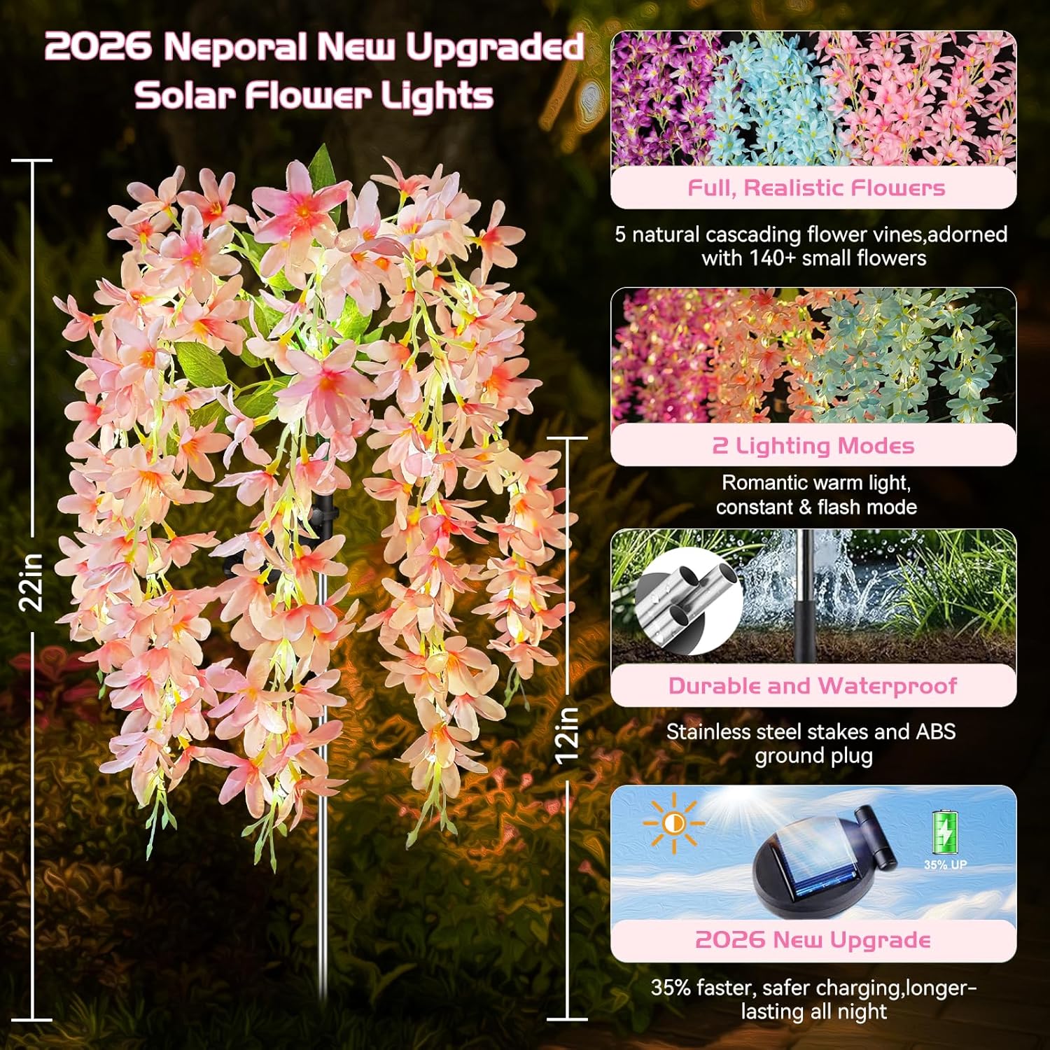 Neporal Solar Flowers Outdoor Waterproof IP65, 5 Lilac Flower Vines with 140+ Flowers, Warm Light & 2 Lightning Modes, 6PK Blue/Pink/Purple Solar Garden Lights Outdoor for Garden, Yard, Pathway Decor