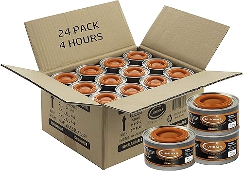 Latas de combustible para roce con mecha resellable Luminar, paquete de 24, 4 horas - Quemadores de calidad premium para calentadores de alimentos -