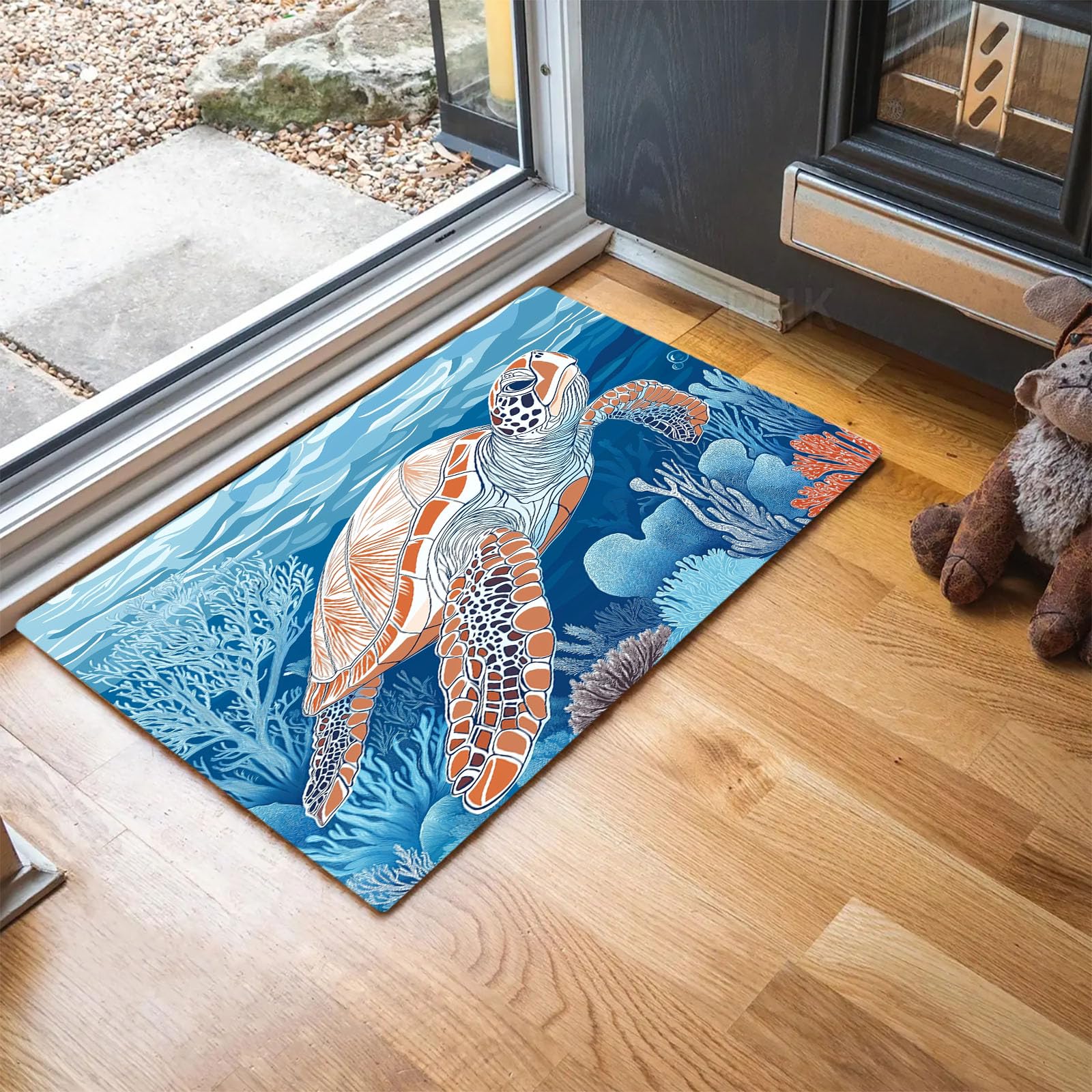 Paillasson tortue marine 80x120 cm tapis bleu d'entrée lavable