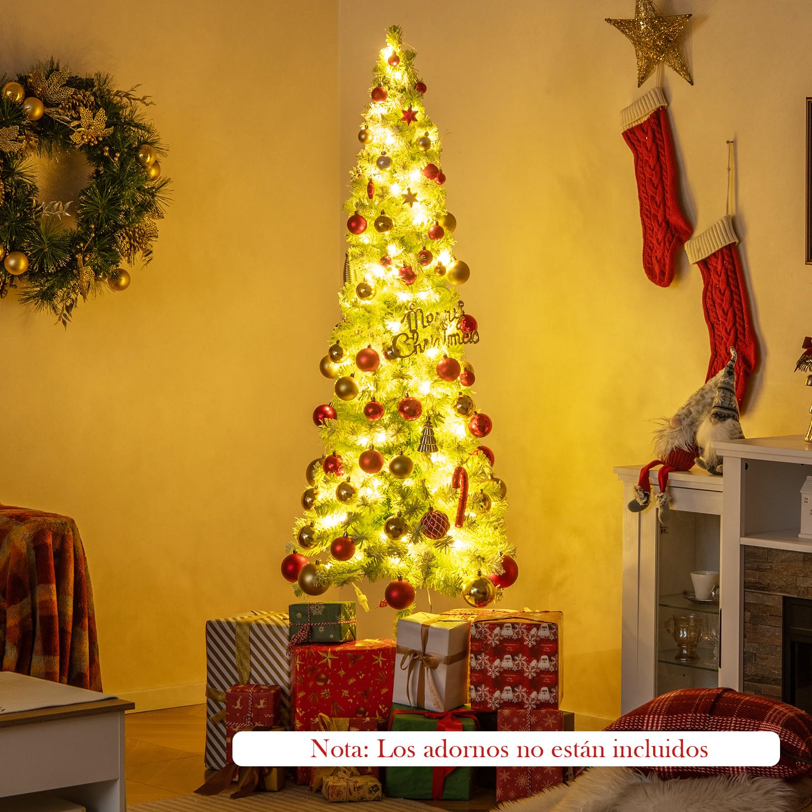 COSTWAY Árbol de Navidad Nevado con Luces 180cm, Cima Flexible, Arbol de Navidad Estrecho con Luces Incorporadas, 8 Modos con 120 LED Blancas Cálidas, 290 Puntas de Ramas (180 cm)