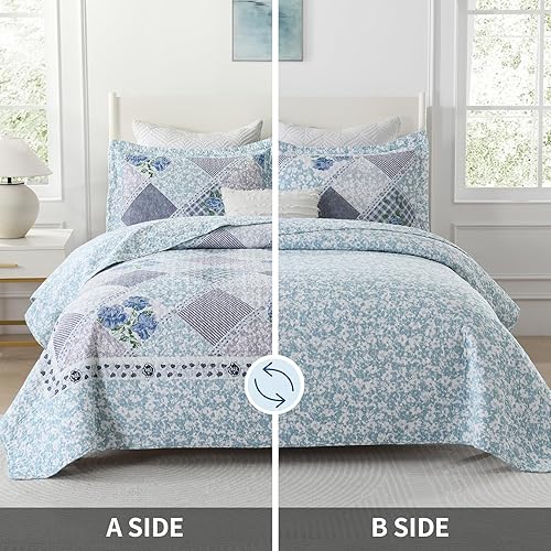 Miniatura 4 de PANGUSHAN Juego de edredón de 100 % algodón, tamaño Queen, juego de ropa de cama Queen, edredón reversible floral de granja, edredón ligero para